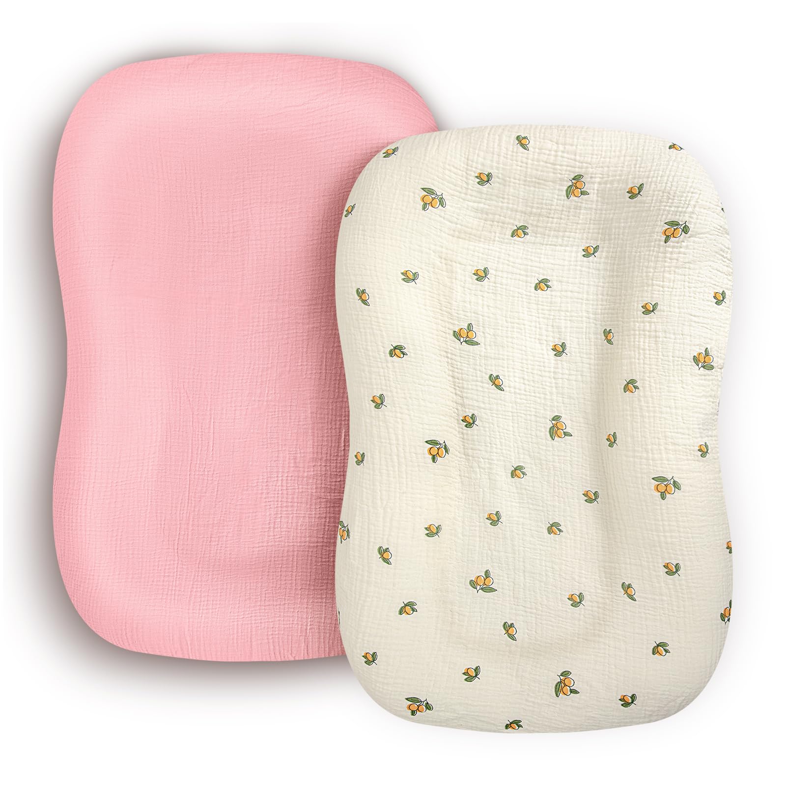 EKEPE Muslin Baby Lounger Cover 2 Pack, 100% Cotton Newborn & Infant Slipcover for Boys Girls, Soft and Breathable (Olive Flower, Pink)