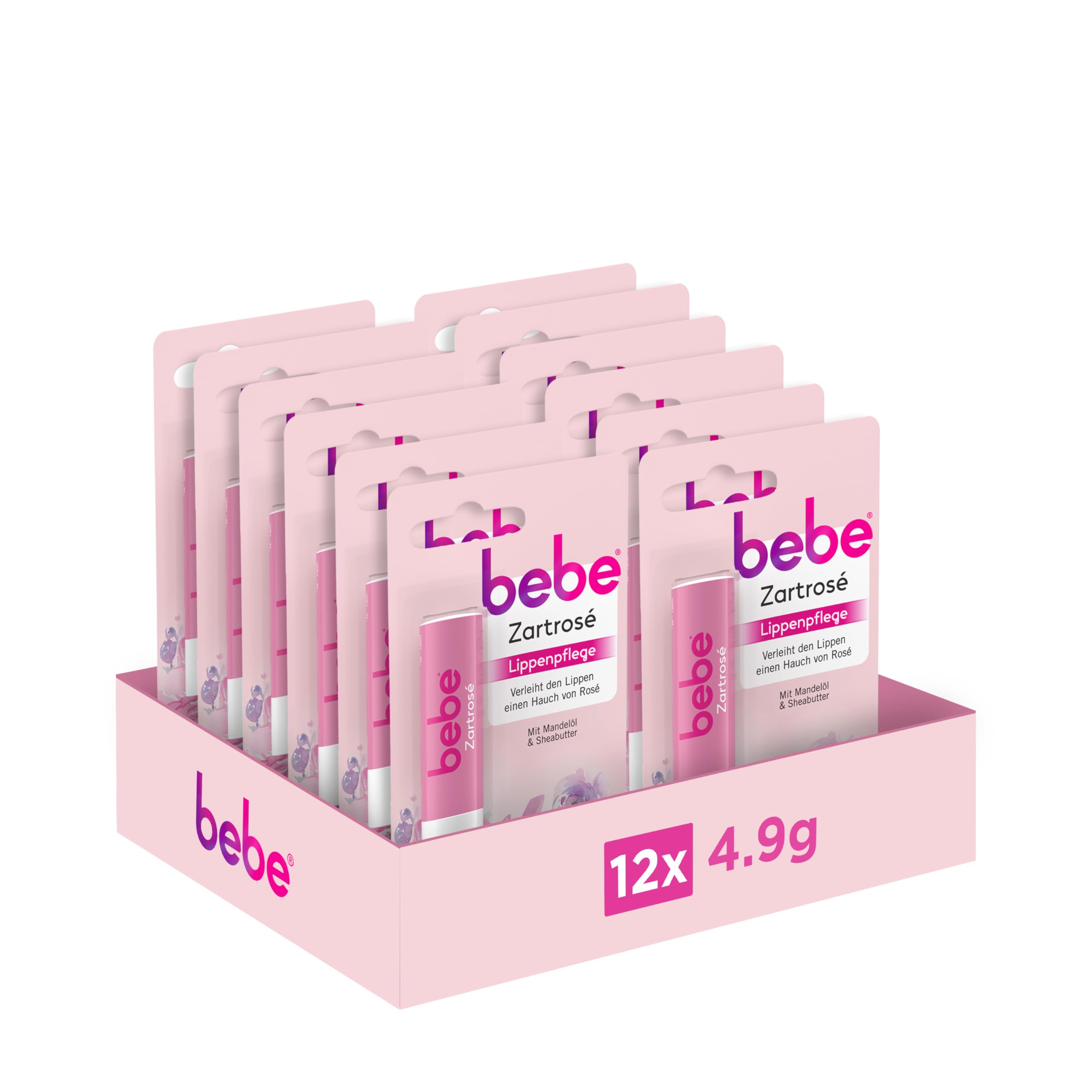 bebe Zartrosé Lippenpflege Lippenpflegestift mit Mandelöl und Sheabutter für Schutz und Pflege bei trockenen Lippen 12 x 4,9g mit einem Hauch von Rosé