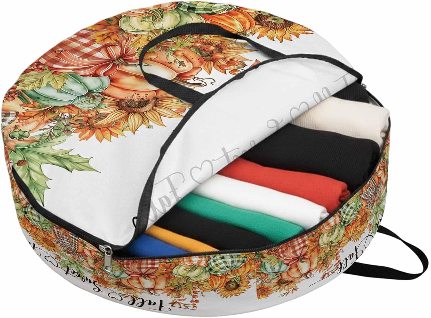 Fall Thanksgiving Round Storage Bag 36 Inch, Pumpkin Leaves Sunflower Bow Clothes Storage Container with Handles Heavy Duty Organizer for Comforter, Bedding & Holiday Wreaths