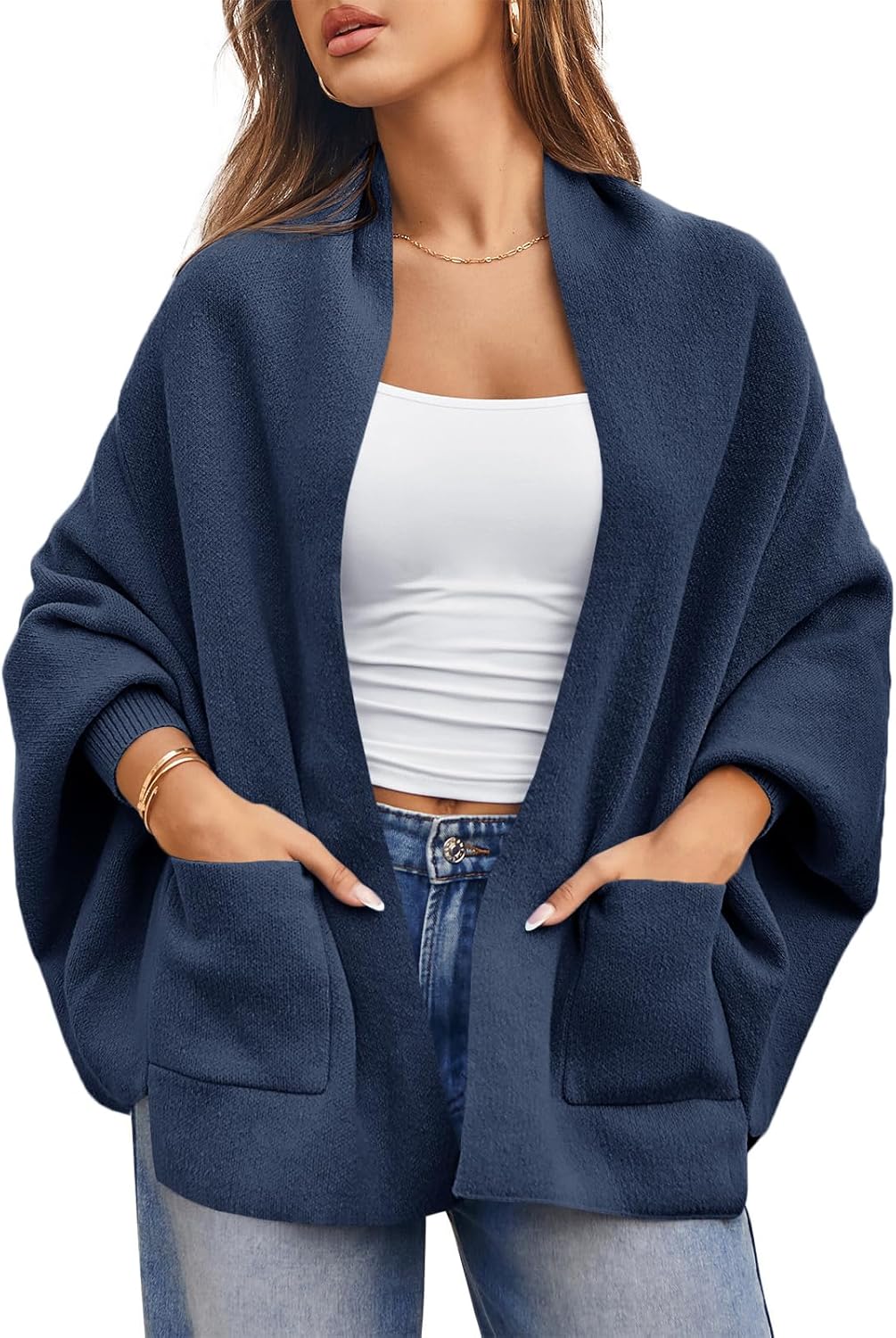 Saodimallsu Womens Open Front Cardigan Batwing Long Sleeve Shawl Chunky Knit Loose Fall Poncho Sweater Coats