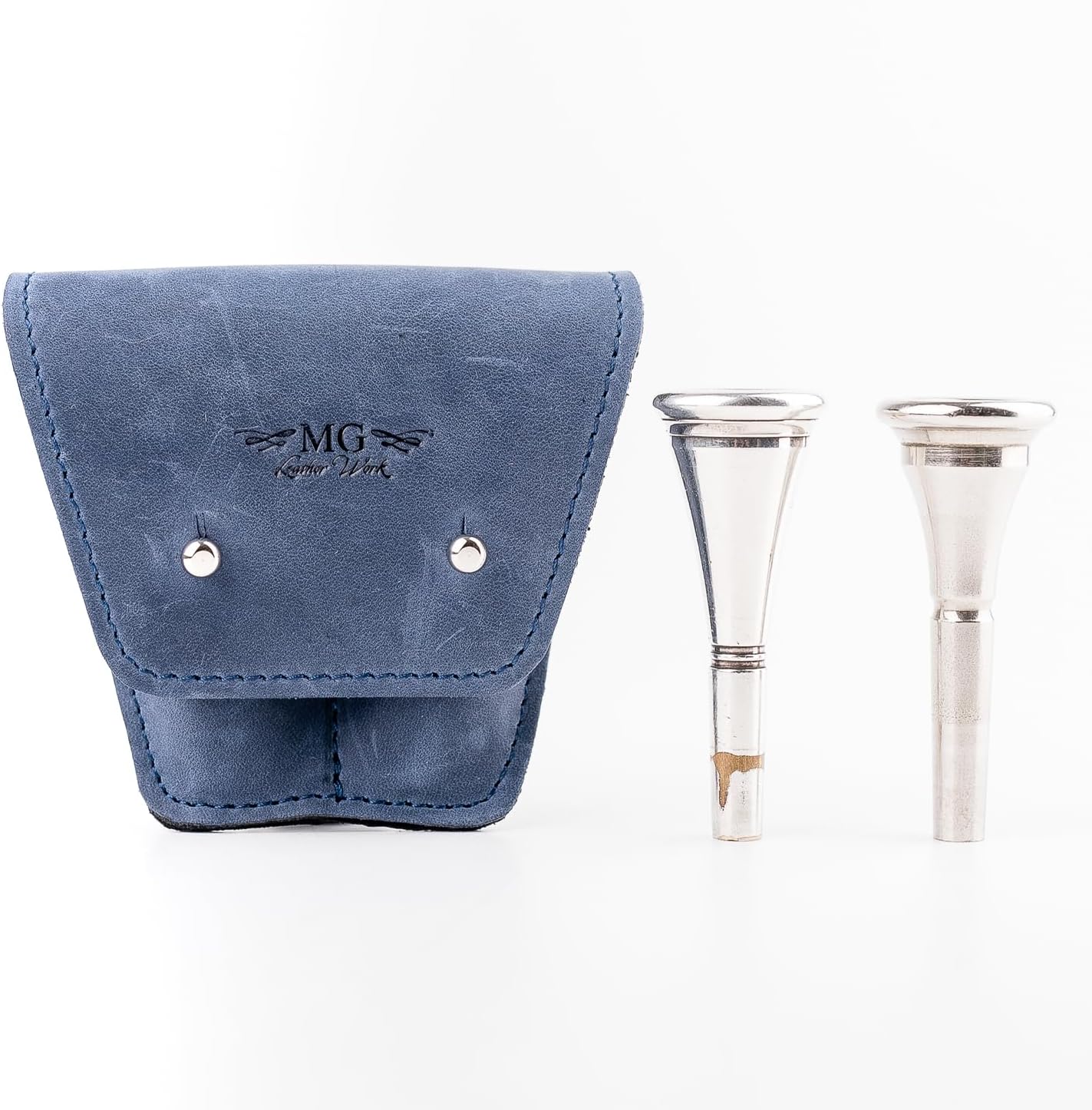 French Horn Mouthpiece Holder made of Genuine Leather for 2 Mouthpieces Double Pouch mouthpiece protection bag Mouthpiece case (Double, Dark Blue)