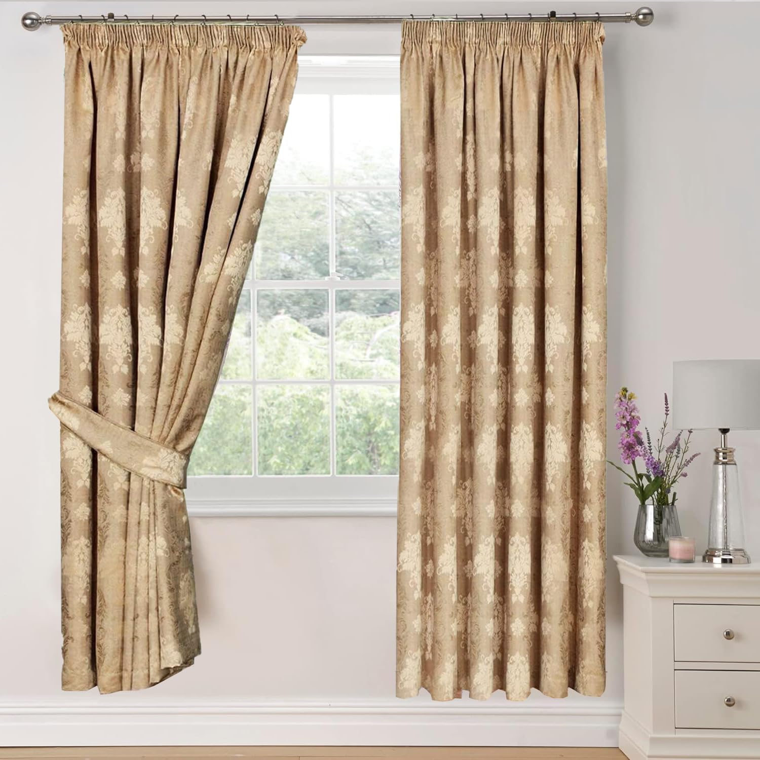 Modern Curtains for Living Room Fully Lined Pencil Pleat Luxury Jacquard Virginia Bedroom Curtains (Gold, 66″x 72″ (167 x 183cm))