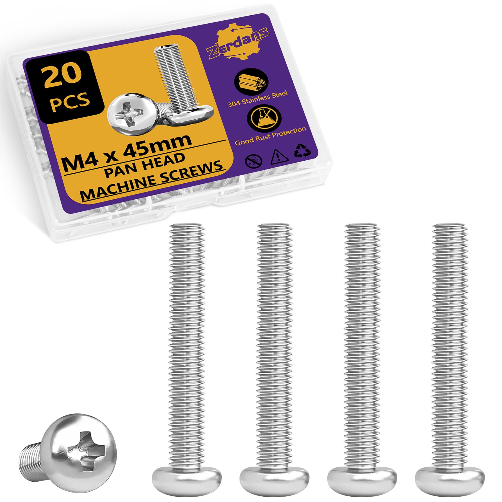 M4 x 45 mm machineschroeven, 20 stuks Panhead machineschroeven, 304 roestvrij staal, metrisch assortiment, truss head bouten, volledige schroefdraad, Phillips Drive voor meubelreparaties en