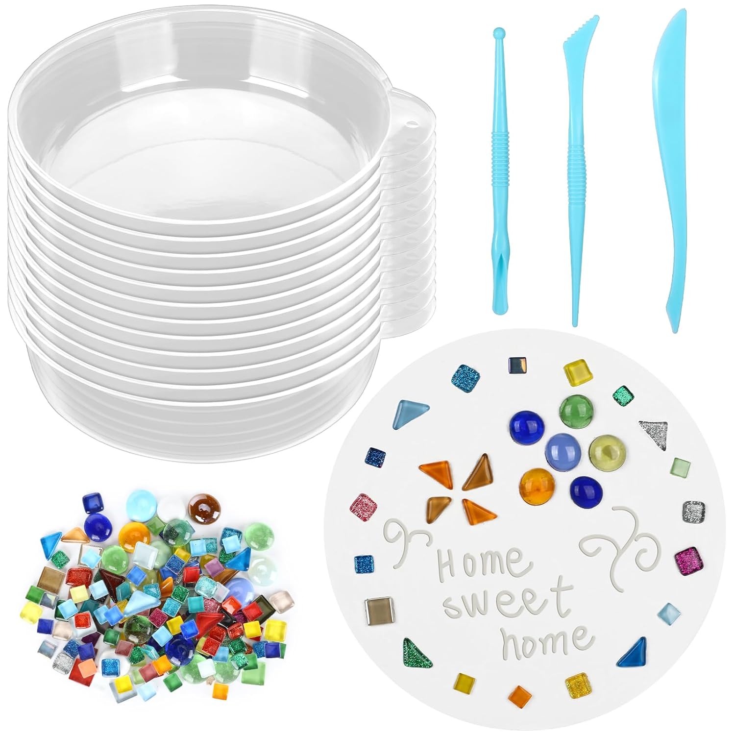 24 Pcs Stepping Stone Kit Includes Round Concrete Mold, Mosaic Tiles and Carving Tools, DIY Craft Handmade Stepping Stone Kit for Kids, Family, Garden Outdoor Decor (No Concrete Mix)