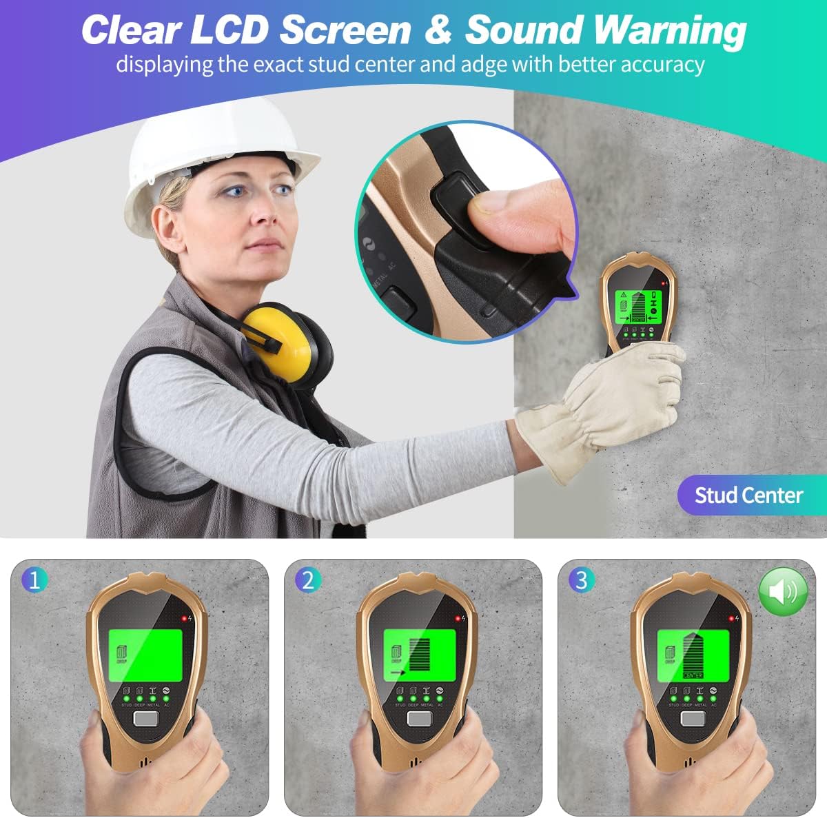 Stud Finder Wall Scanner with Center-Find Technology | Large Digital LCD Display | 5 Signal Lights | Sound Warning | 5 in 1 Wall Beam Finder Sensor Detects Metal Wood Joist or Beam & Live AC Wires