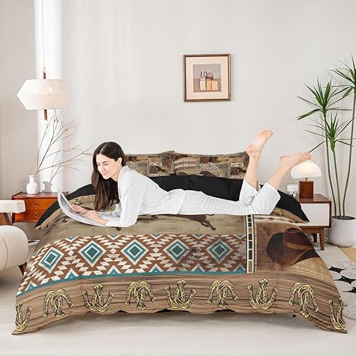 Miniatura 3 de Erosebridal Juego de ropa de cama de vaquero occidental, funda de edredón para niños y hombres, funda de edredón azteca bohemia rústica de