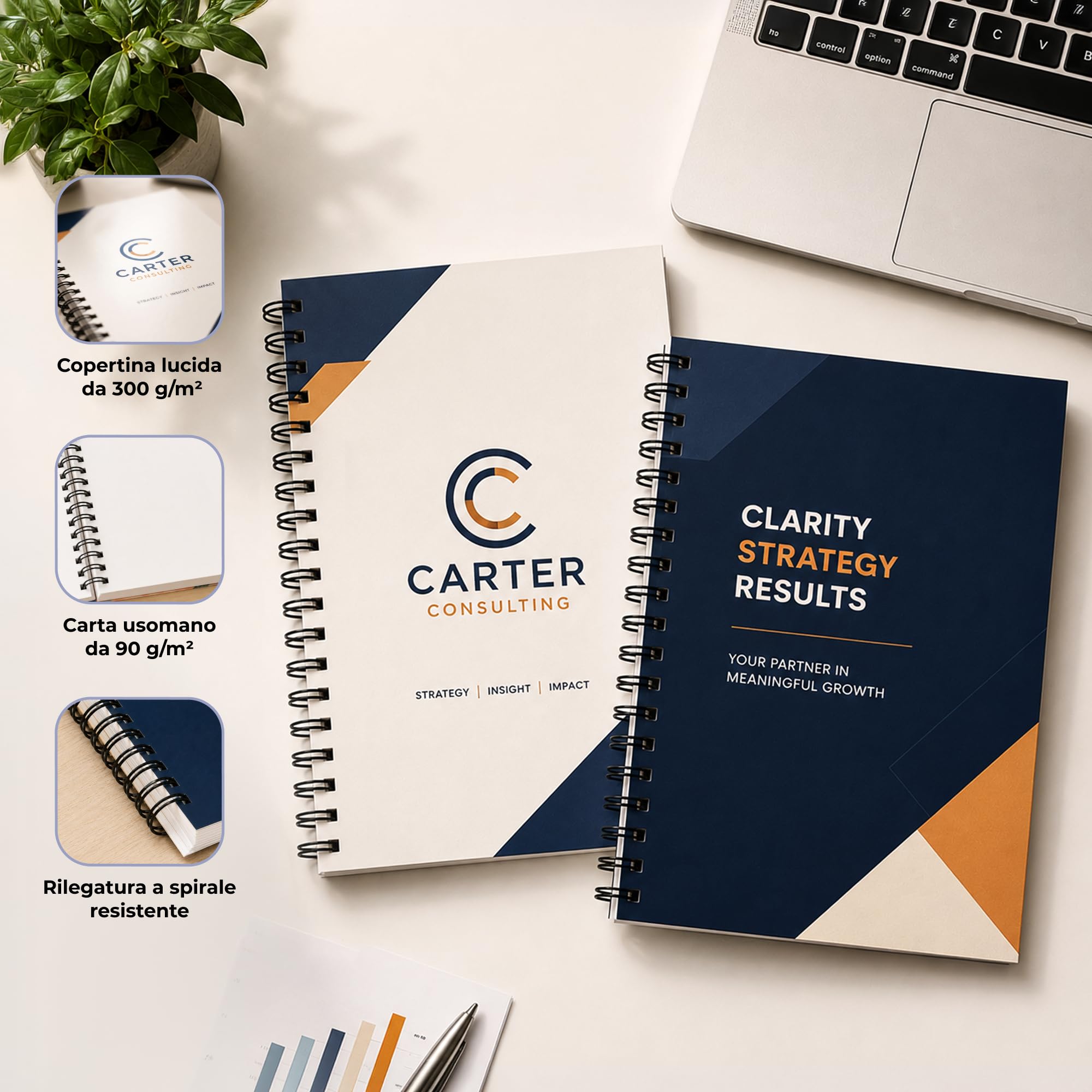Quaderno A5 a personalizzabile, foto, logo o testo, A righe, 10 Pezzi | Copertina lucida 300 g/m², 160 pagine carta 90 g/m², spirale, ideale per riunioni, formazione e regali aziendali
