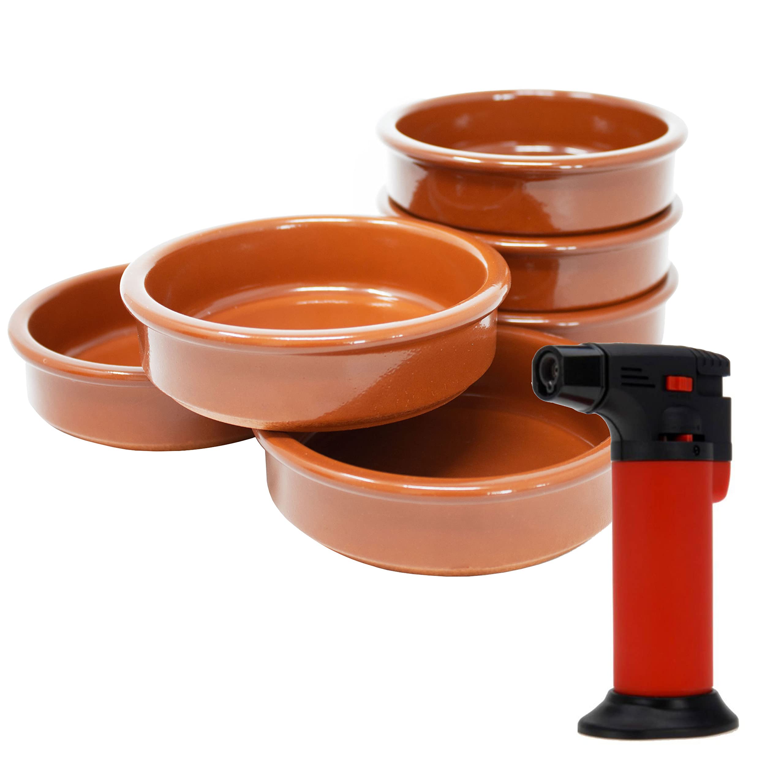 ToCi 6 x Tapas-Schalen Braun Ø 11,5 cm + Flambierer – Spanische Cazuela Schälchen aus Ton 175 ml