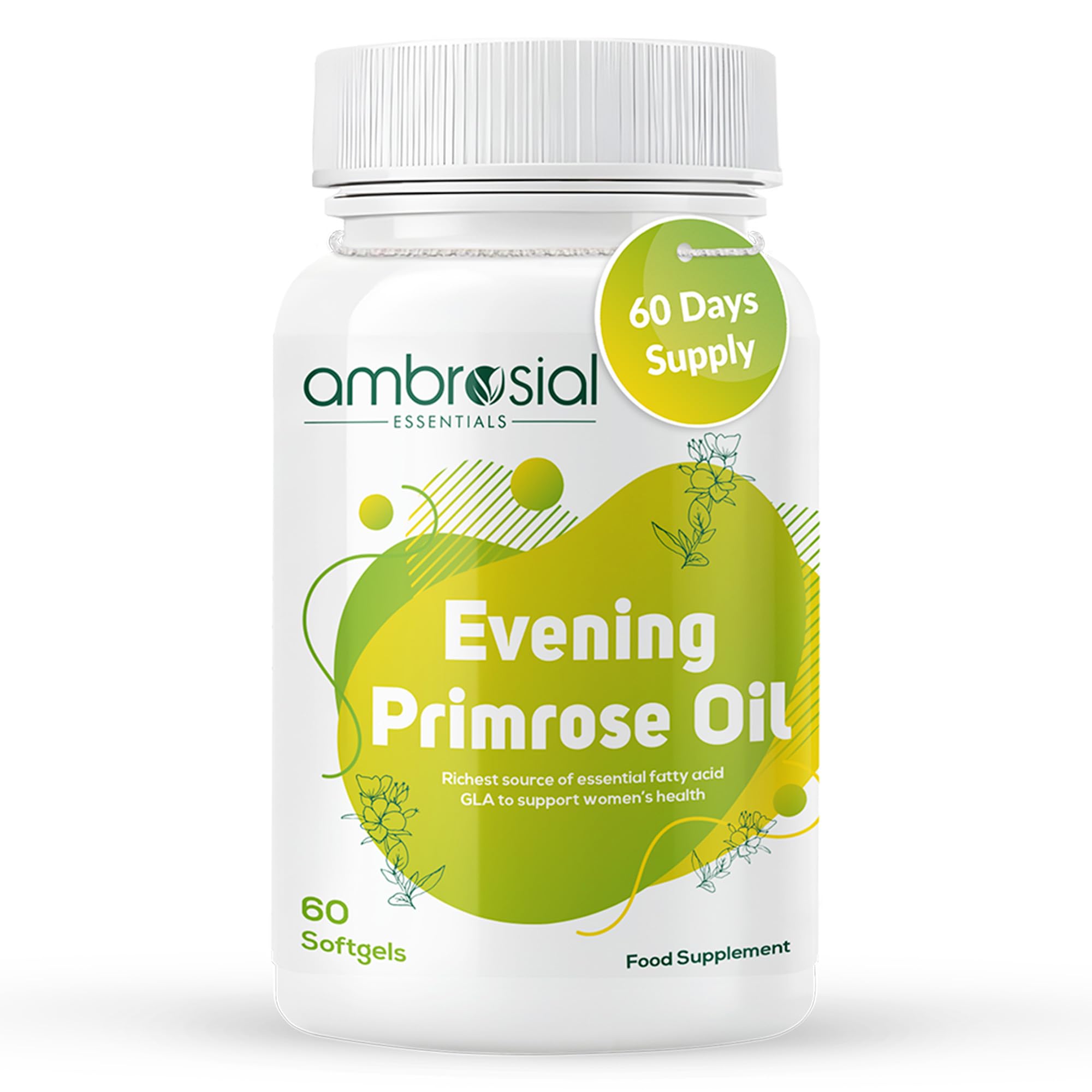 AMBROSIAL Evening Primrose Oil (EPO) 1000mg | 60 Capsules | Rich Source of Omega 6 & GLA | Non-GMO, Gluten Free | No Artificial Preservatives (Pack of 1-60 Softgels)