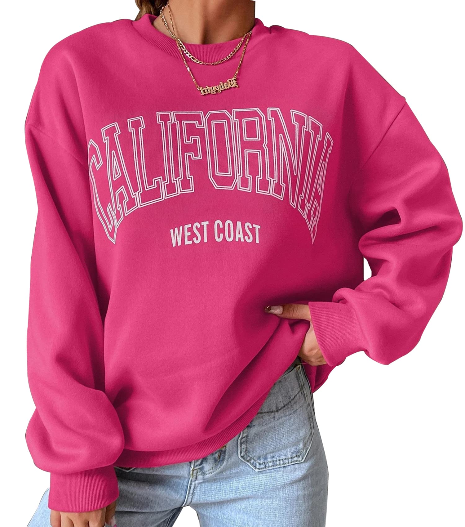 CioatinWomen’s Preppy Oversized California Graphic Fleece Sweatshirt Crew  Neck Drop Shoulder Baggy Sweater Pullover Top