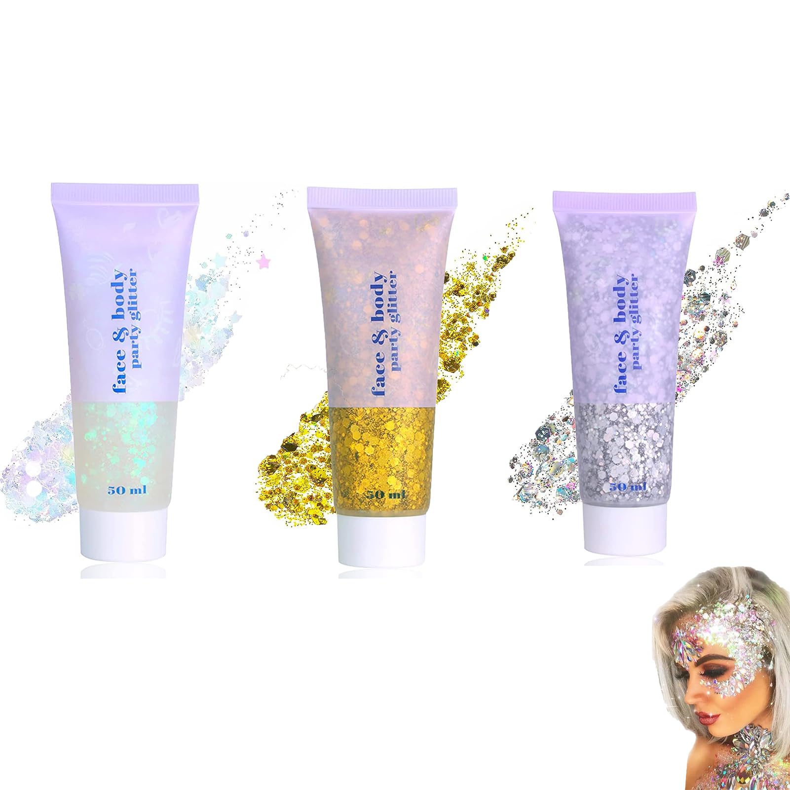 Body Glitter Gel Kit – 3 Farben Holografisches Glitzergel Für Gesicht, Körper & Nägel, Wasserfest