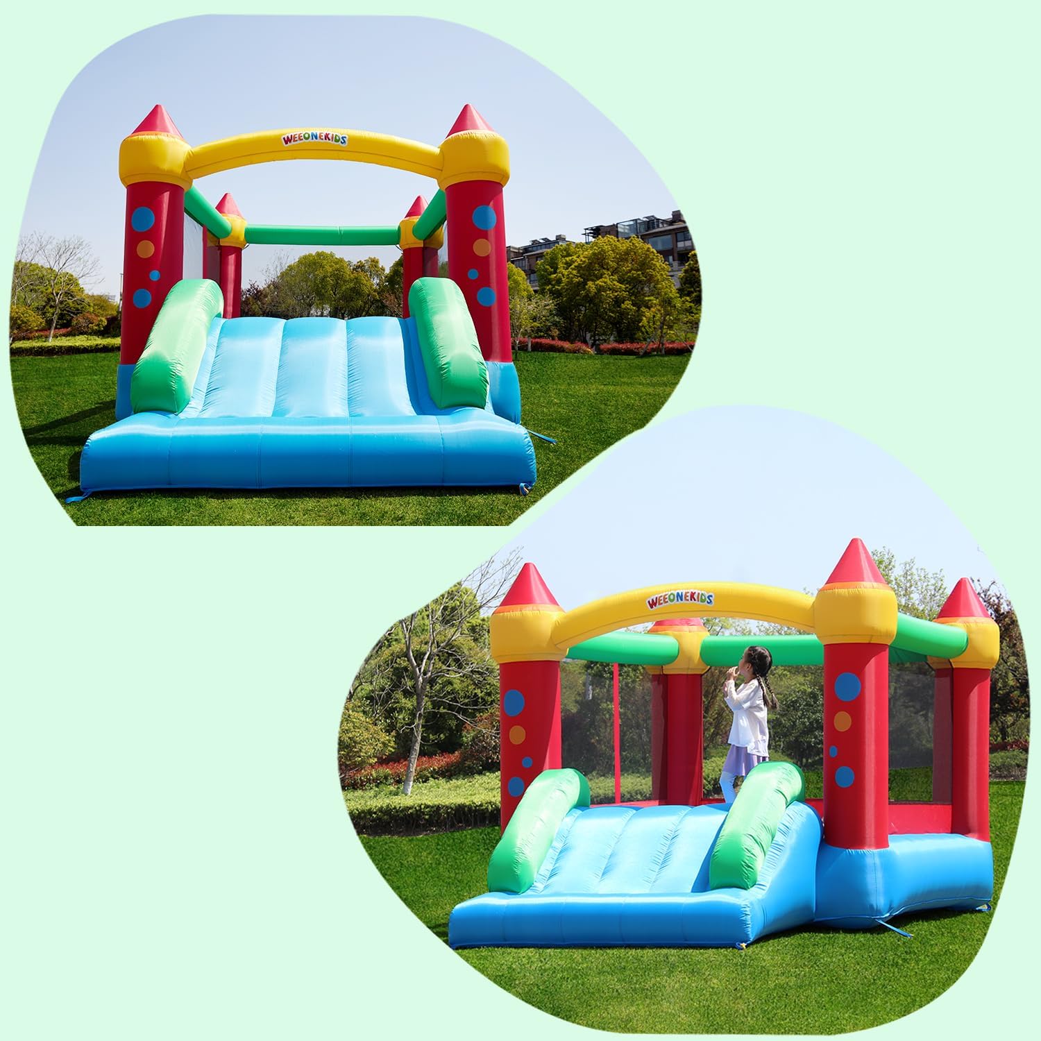 Air Bounce House, Inflatable Bouncer with Air Blower and Slide, Jumping Family Backyard Bouncy Castle with Extra Thick Material (Red Yellow&Blue)