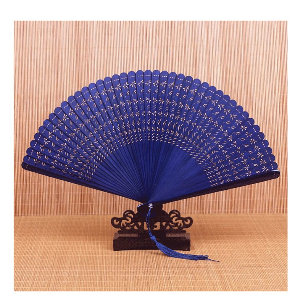 NZPOST folding fans All Bamboo Hand Fan Hollowed Hand Held Folding Fans with Tassel for Wedding Decoration Birthday Home Dragonfly Pattern Hand Fans (Blue)