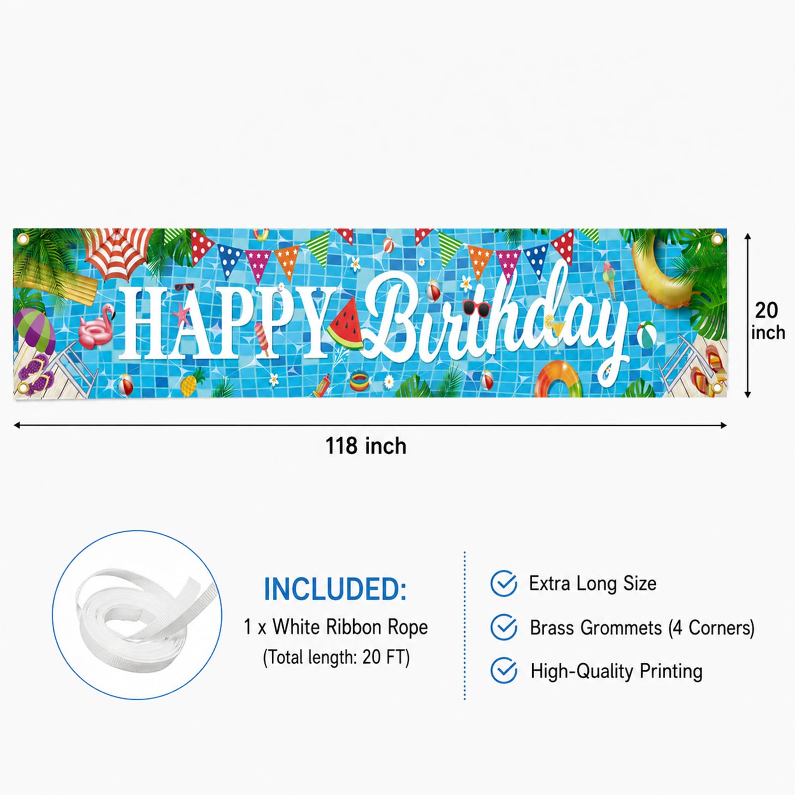 AUSHENKE Baner na imprezę przy basenie, bardzo duży rozmiar baner Happy Birthday, 299 x 50 cm, wielokolorowy, na artykuły imprezowe przy basenie