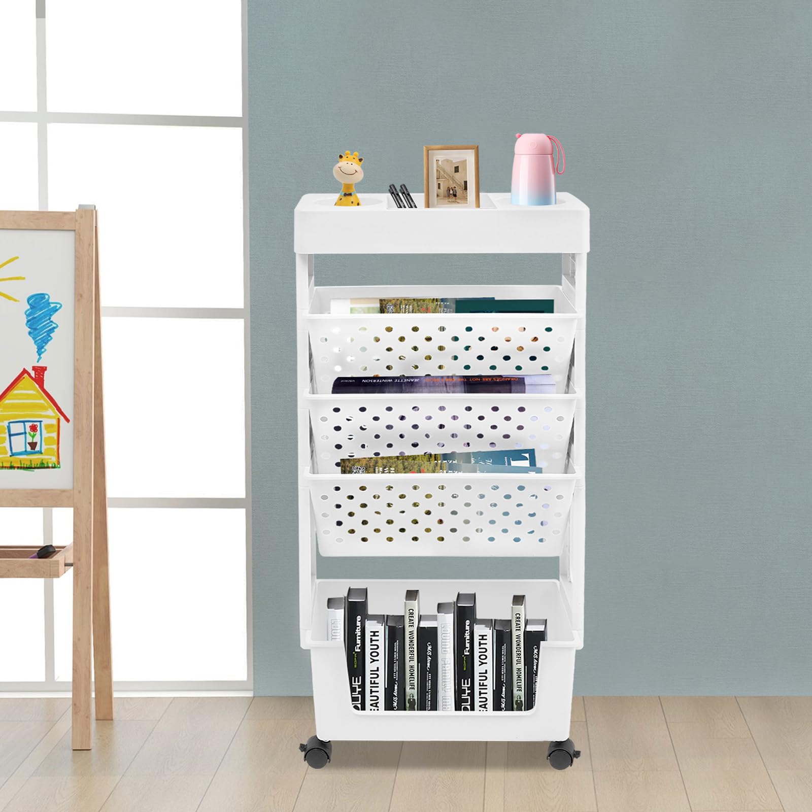 Estantería móvil con ruedas de 5 niveles, carrito de PP/ABS para libros, suministros de manualidades y organizadores, estantería para niños y oficina, con 2 frenos, color blanco