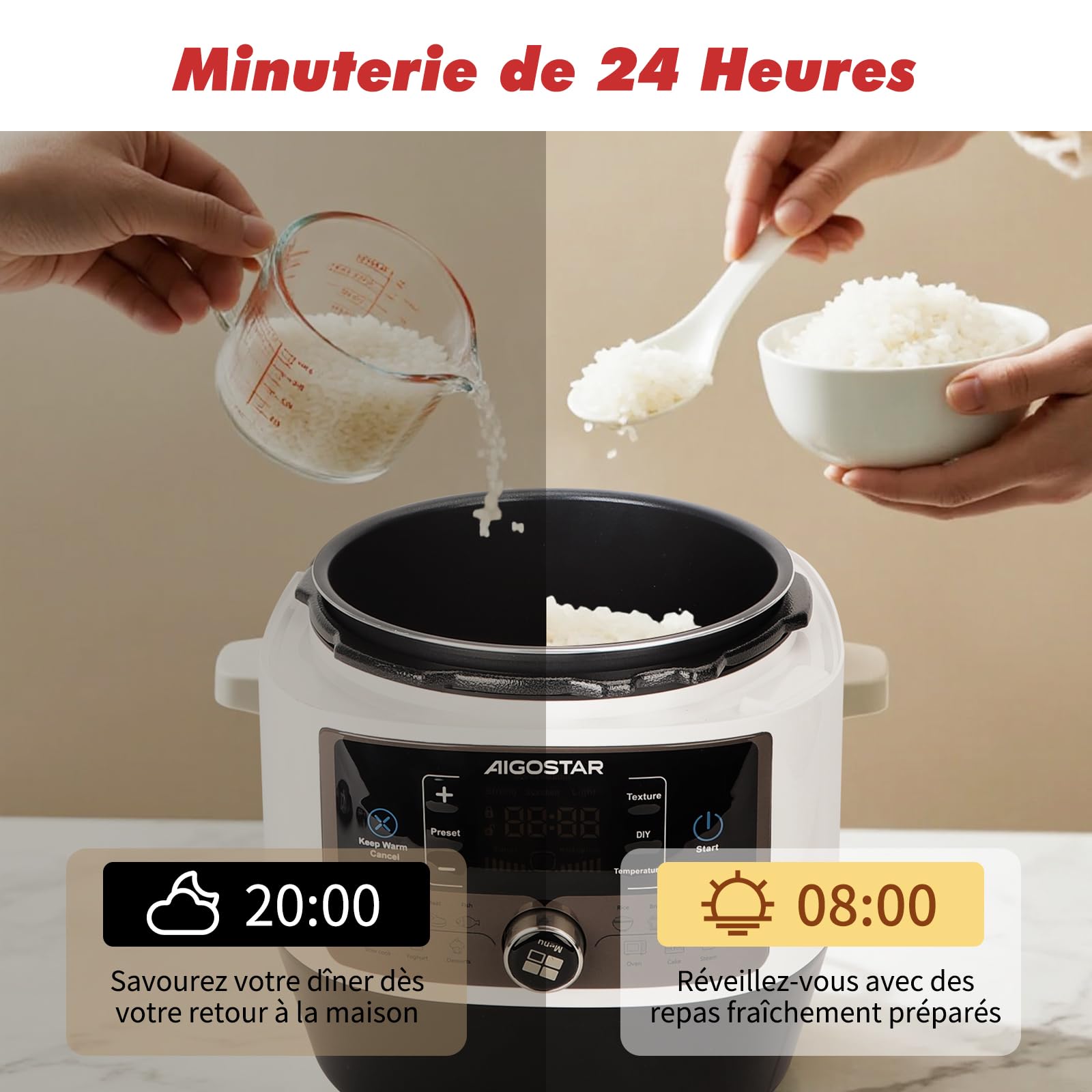 Aigostar Panda - Autocuiseur Électrique Multifonction 14-en-1, 5.5L, 1000W, Cuisson sous Pression, Cuisson Lente, Friture, Yaourt, Riz, Écran LED, Minuterie 24h, 9 Sécurités,Livré avec Accessoires