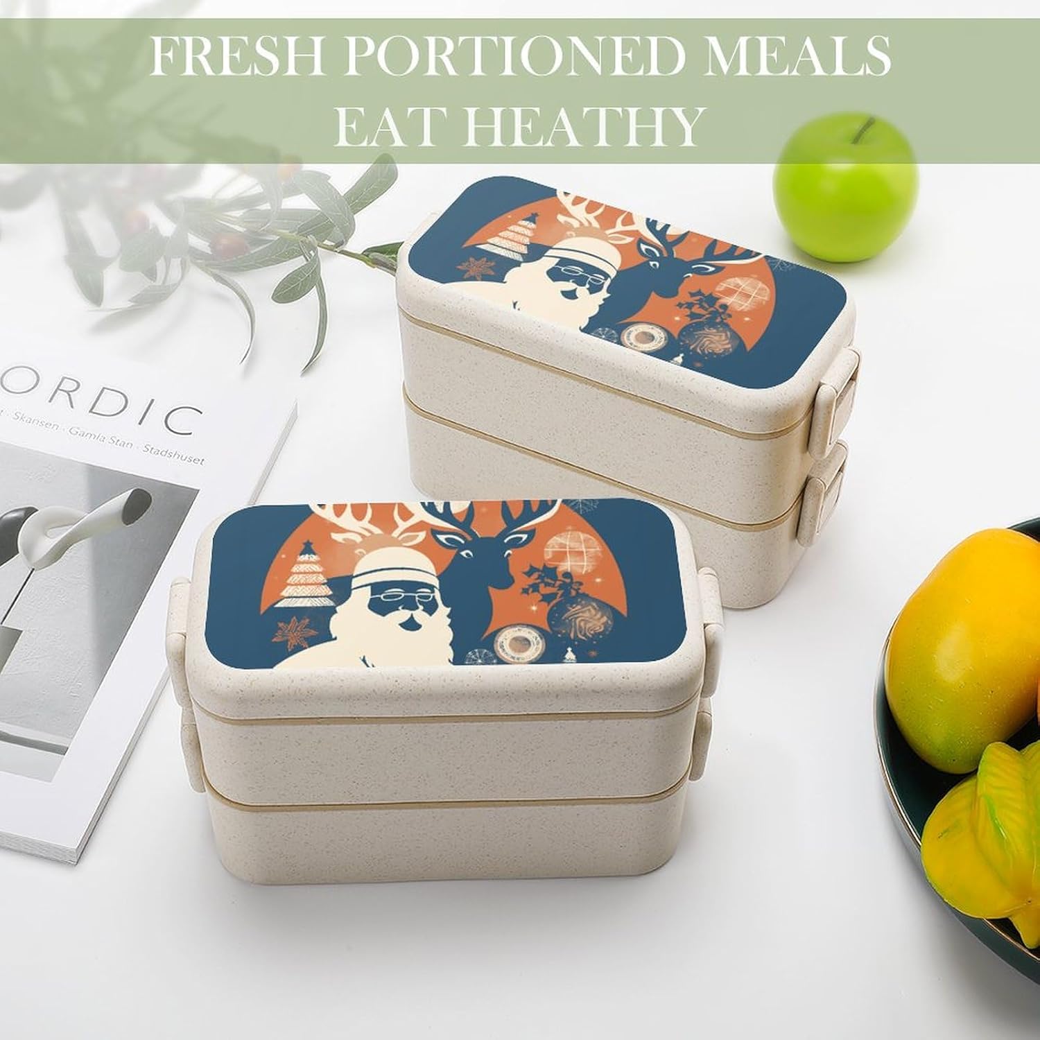 Lunch Box Bento Premium Silhouette Santa Claus Printed Bento Box Bento with Spoon And Fork with Compartment Containers Suitable for Men And Women, style