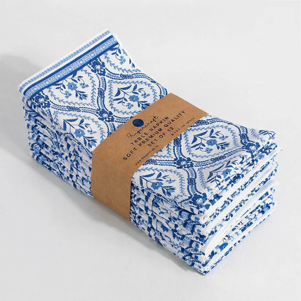 FINGERCRAFT Lot de 12 serviettes de table en coton et lin mélangé avec des coins en onglet, parfaites pour les fêtes, dîners, mariages, cocktails, Noël, Pâques - 50,8 x 50,8 cm - Bleu damassé