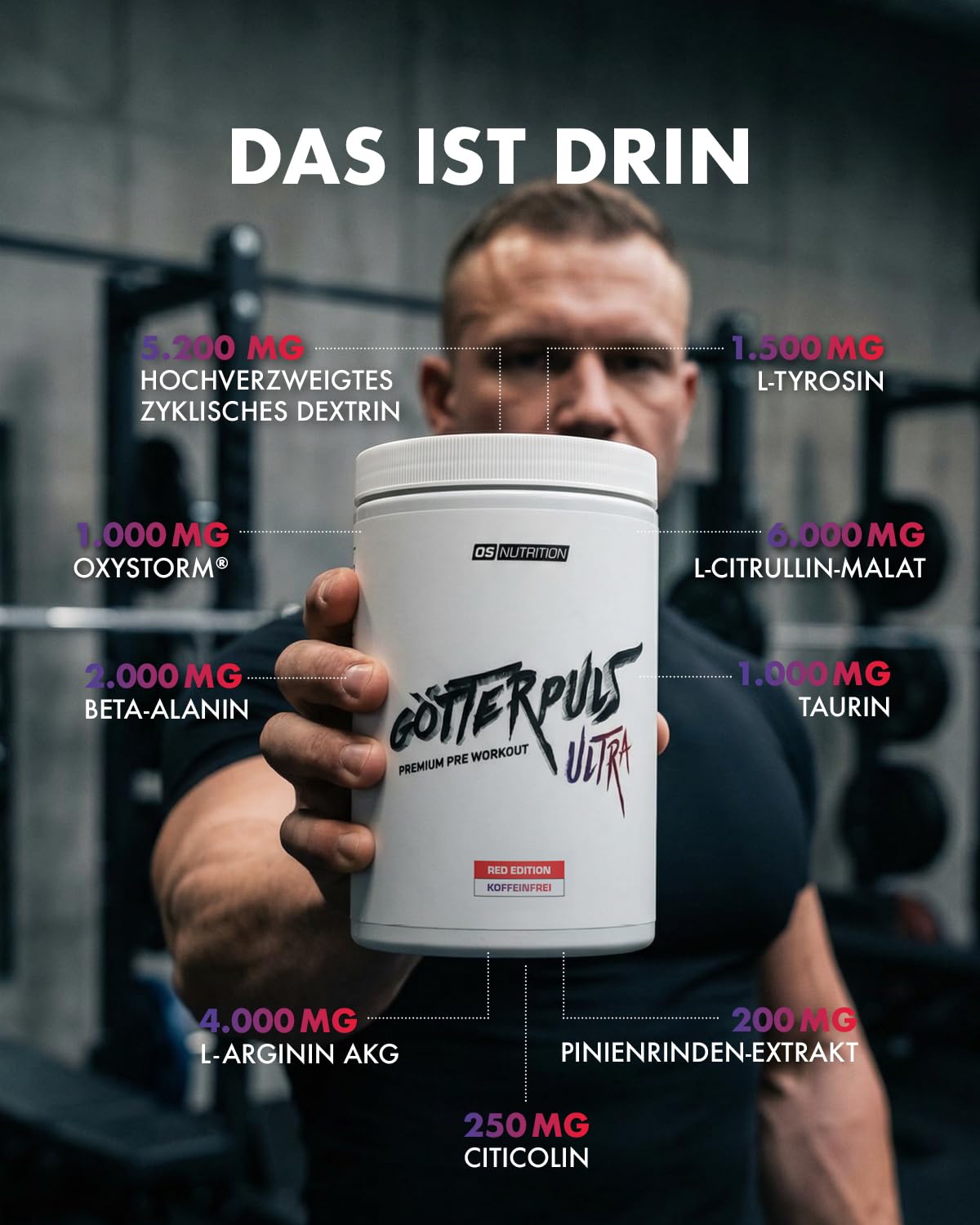 Götterpuls ULTRA Pre Workout (koffeinfrei) 480g Pulver RED EDITION | L-Citrullin, OXYSTORM, Citicolin & Cyclic Dextrin – Vegan – 480g Pulver – 20 Portionen – Himbeere-Kirsche-Erdbeere