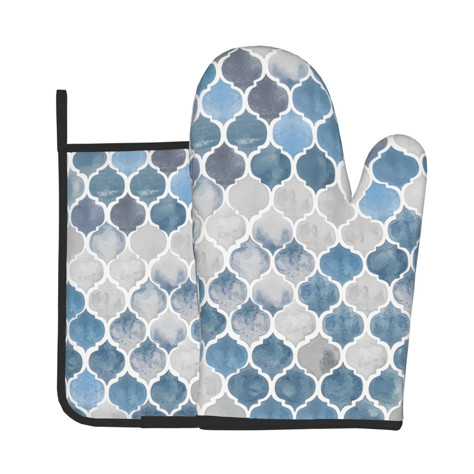 Boho Oven Mitts and Pot Holders Sets - Blue Gray Kitchen Mitts Potholders 2 Pack Heat Resistant Vintage Bohemian Oven Gloves Hot Pads for Kitchen Baking Grilling Party