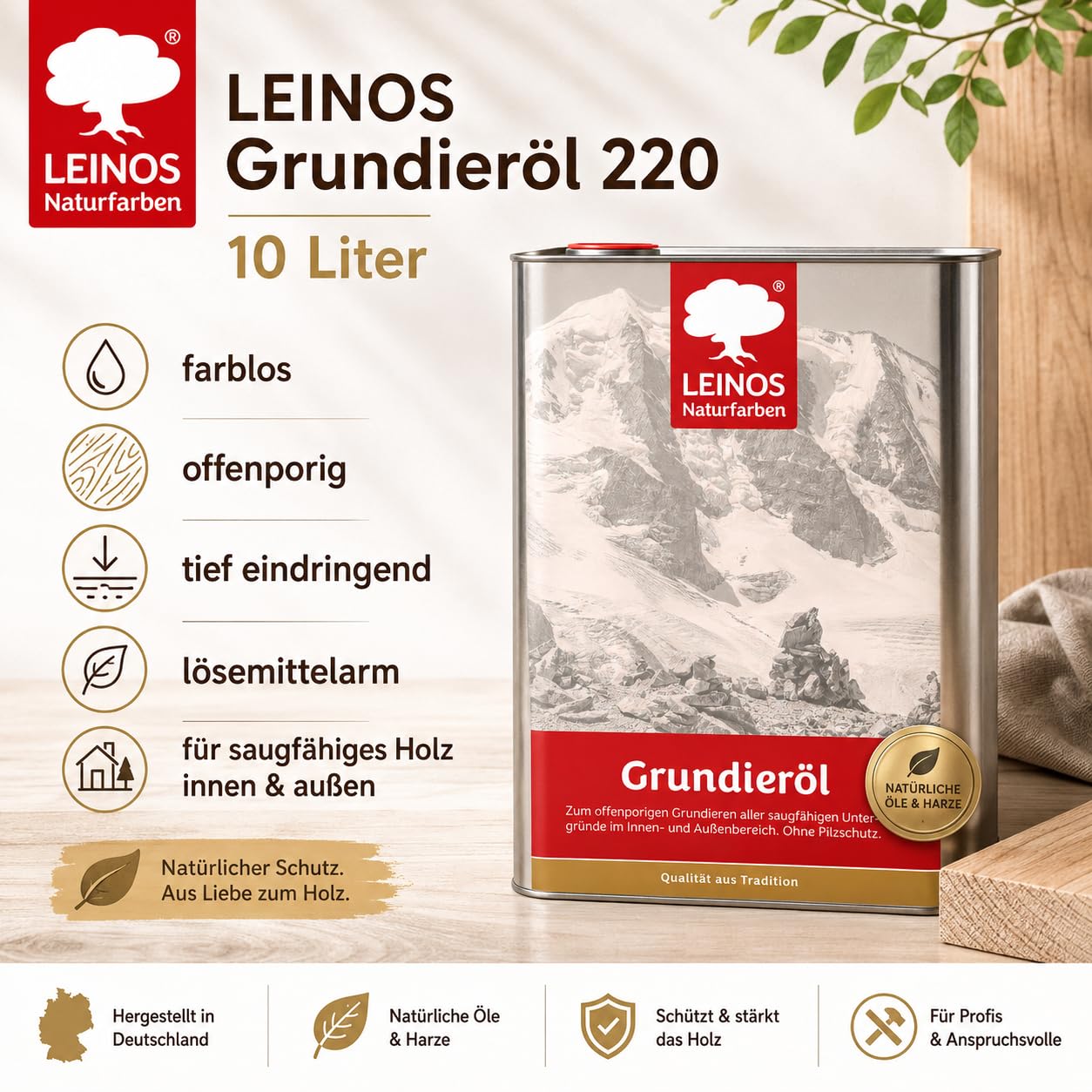 LEINOS 220 Grundieröl für Innen 10 l | farblose Holzgrundierung mit gutem Eindringvermögen | offenporiges Naturöl für saugfähige Holzoberflächen | optimale Basis für Lasuren, Öle & Wachse