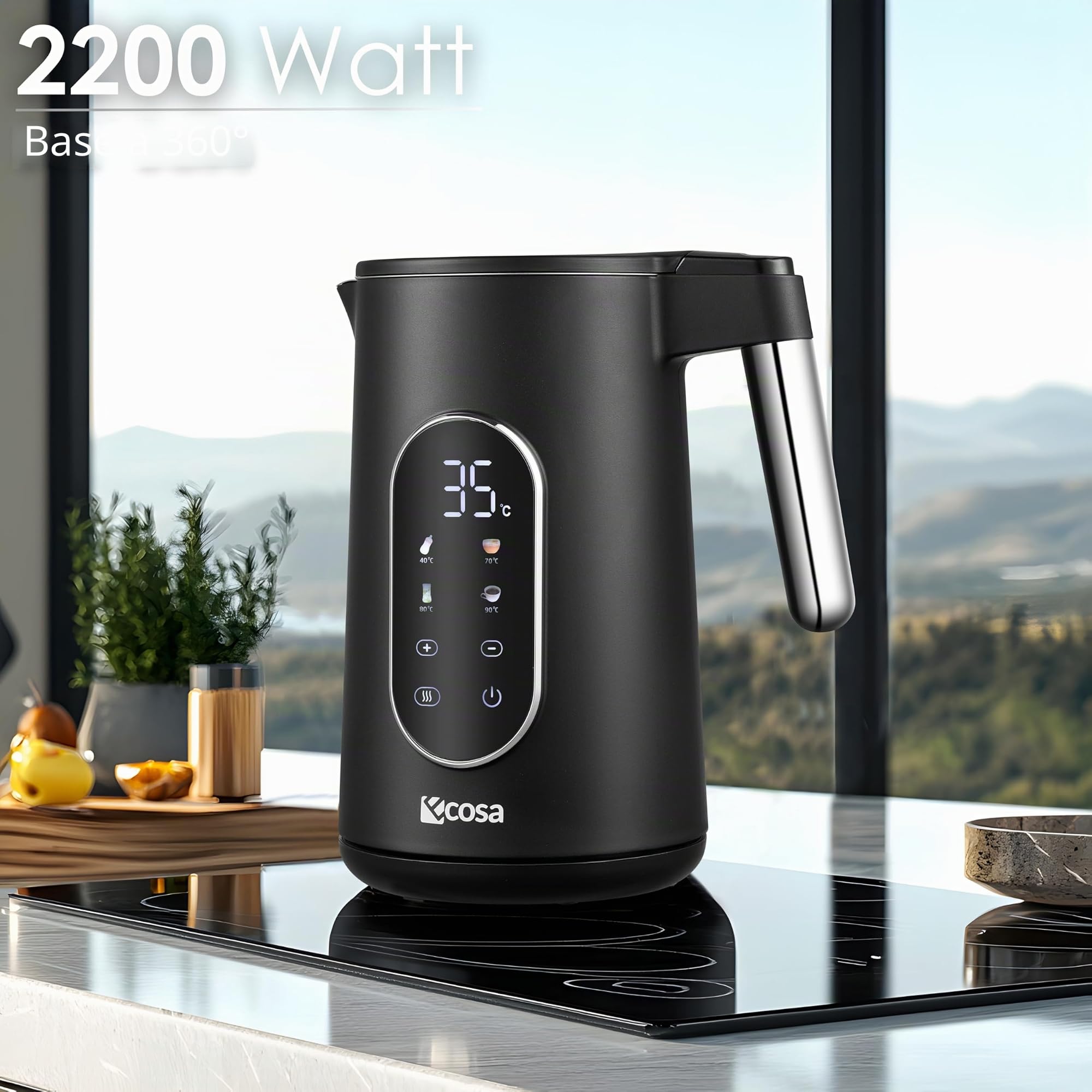 Bollitore in acciaio inox con regolazione della temperatura (40 °C a 100 °C), 1,7 litri, funzione di mantenimento del calore, display a LED a scelta della temperatura, 2200 Watt, 100% senza BPA,