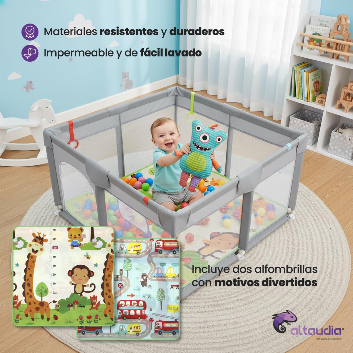 Parque Infantil Bebe 120x120cm + Alfombra Bebe + 50 Bolas + Bolsas de Transporte – Corralito Bebe con Malla Transpirable – Parque de Juegos Divertido para Bebe - Gris (120 * 120)