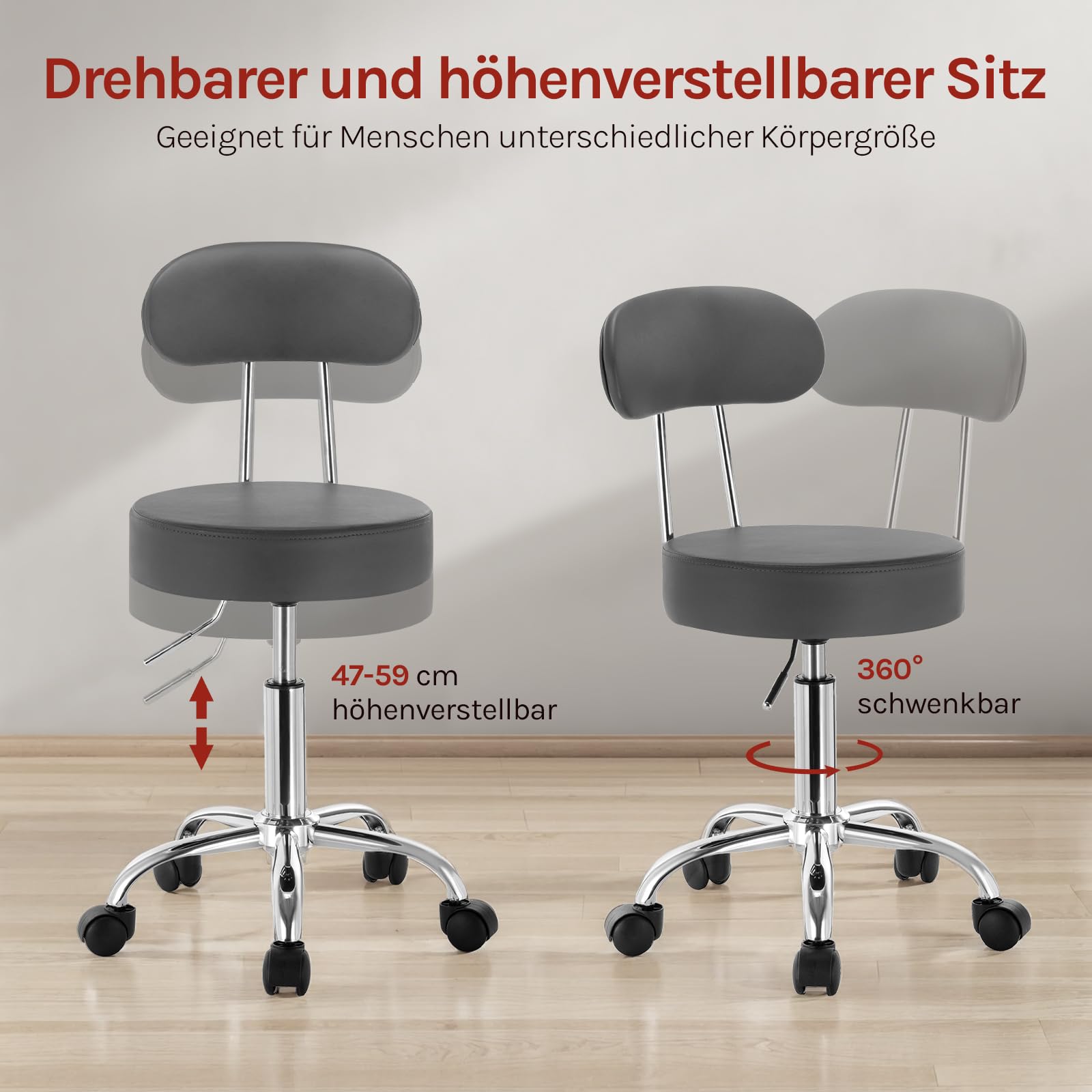 WOLTU Rollhocker Schminkhocker Hocker höhenverstellbar mit Rollen & Lehne Grau Arbeitshocker 360° Drehhocker Bürostuhl Kosmetikhocker für Werkstatt, Schönheitssalons, Studios, Tätowierungen