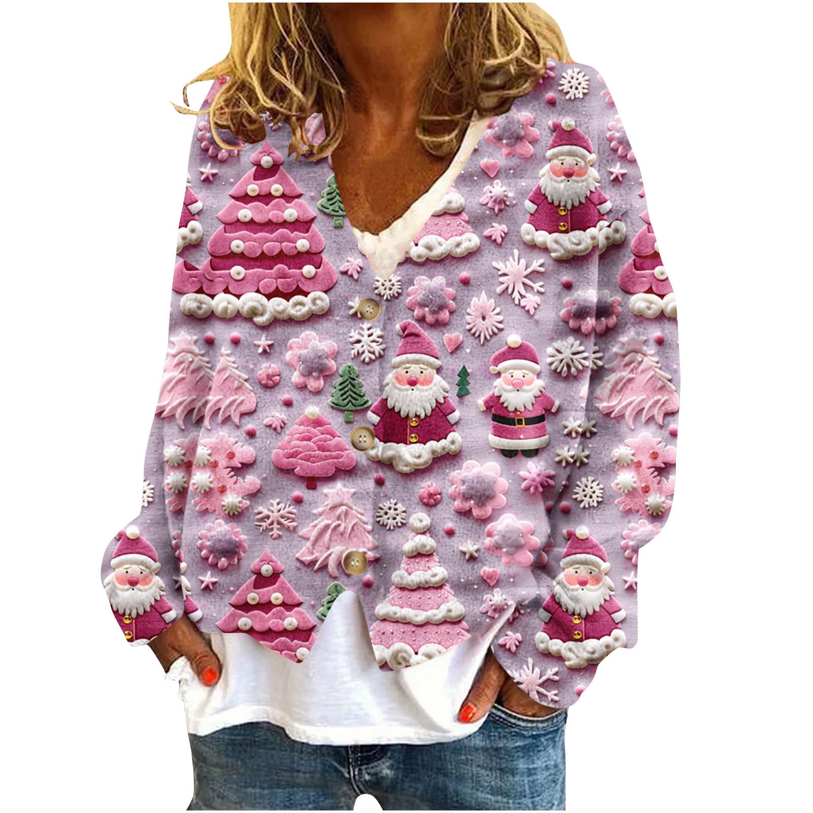 NaRHbrg Womens Christmas Cardigan Cute Print V Neck Button Down Jackets Comfy Loose Fit Winter Coat Casual Holiday