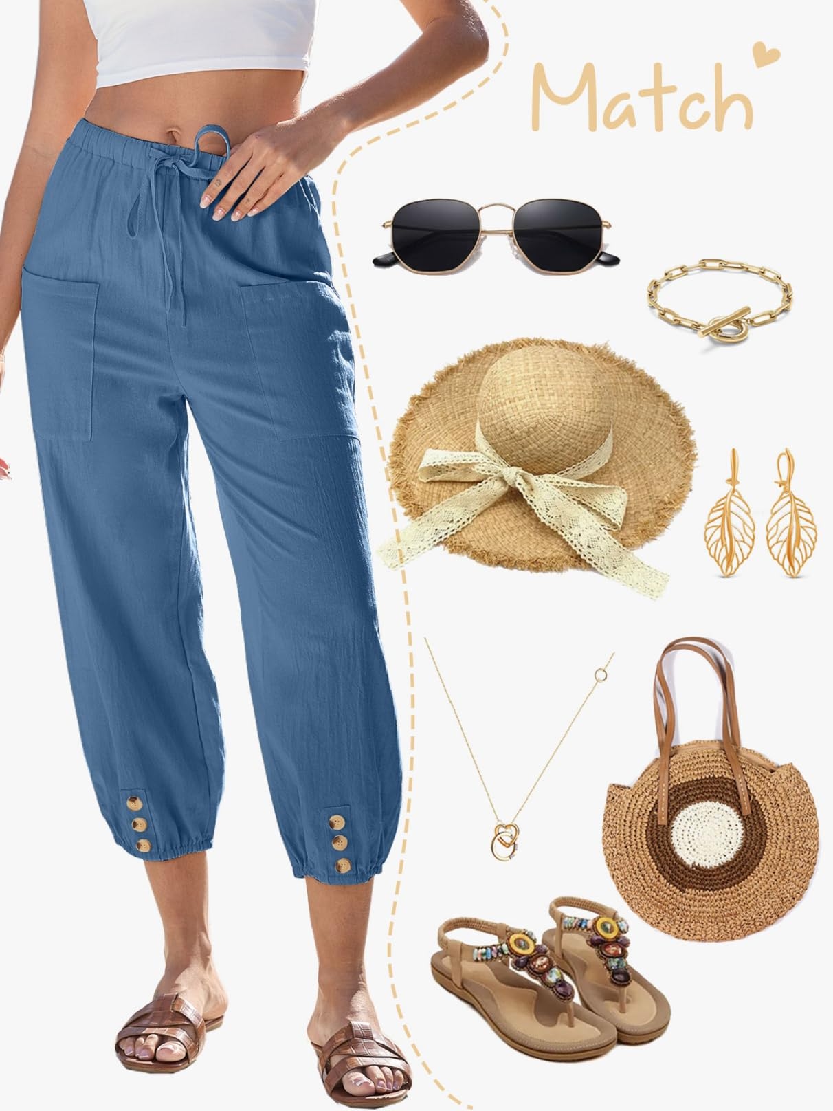 Pantalon 7/8 Femme Été Pantalon Coton et Lin Taille Elastique Large Pantalons Fluide Décontracté Taille Haute Léger Respirant Pantalons de Plage Ample Pants Cordon Large à Jambes avec Poches