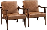 Yaheetech Mid-Century Modern PU Leather Accent Chairs Set of 2 with Wood Legs, High Back Armchairs for Living Room/Bedroom, Brown