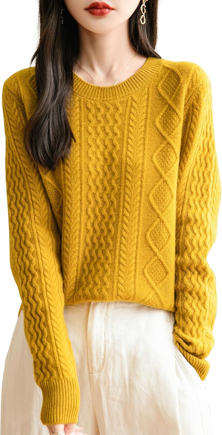 Chanyarn Women's Crew Neck 100% Merino Wool Sweater 2025 Fall Winter Classic Cable Warm Soft Long Sleeve Knitted Sweater