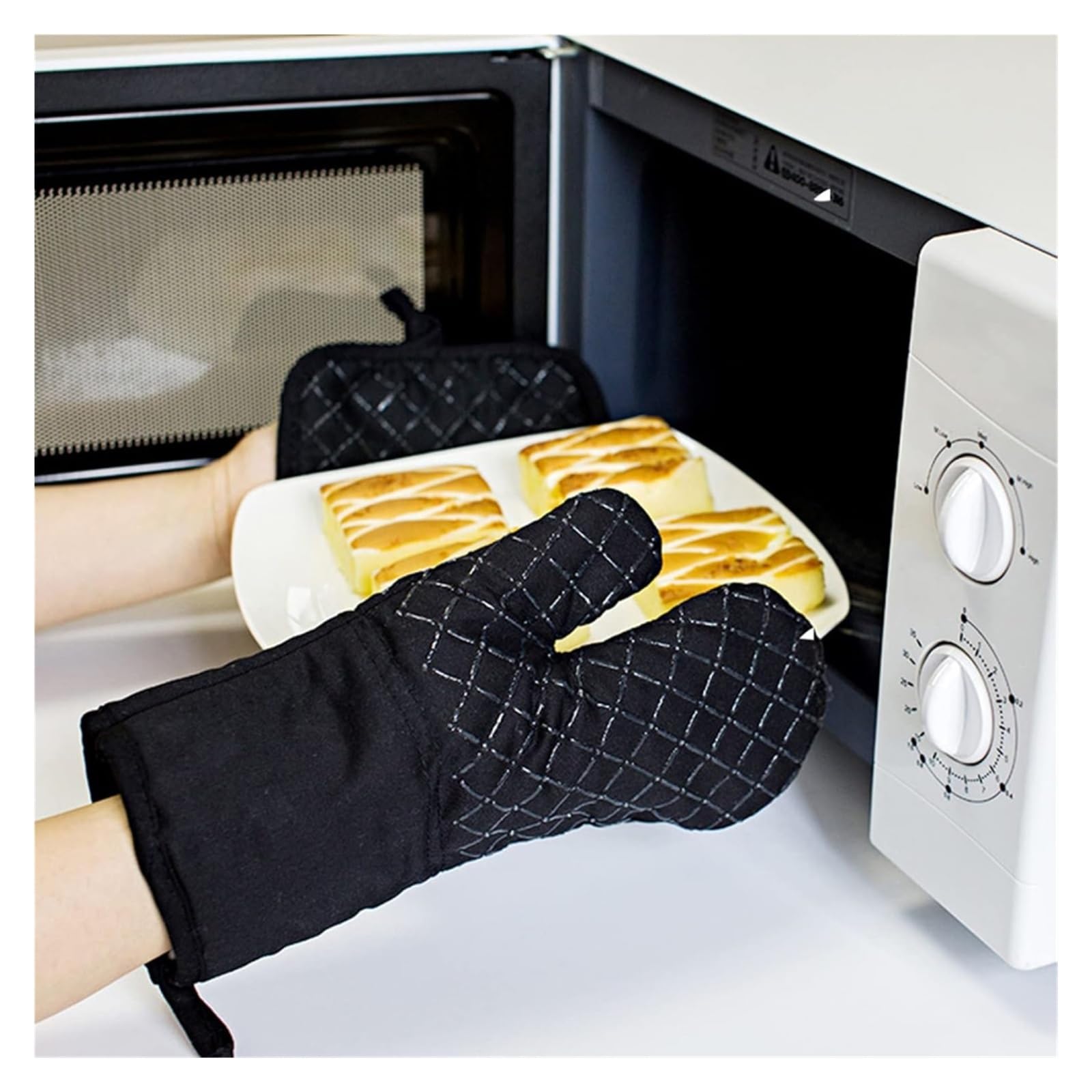 Juego de 4 Piezas Guantes for Horno y Almohadillas for Cacerola, Aislamiento térmico Cocina, Silicona Antideslizante Rayada, Calor-resi