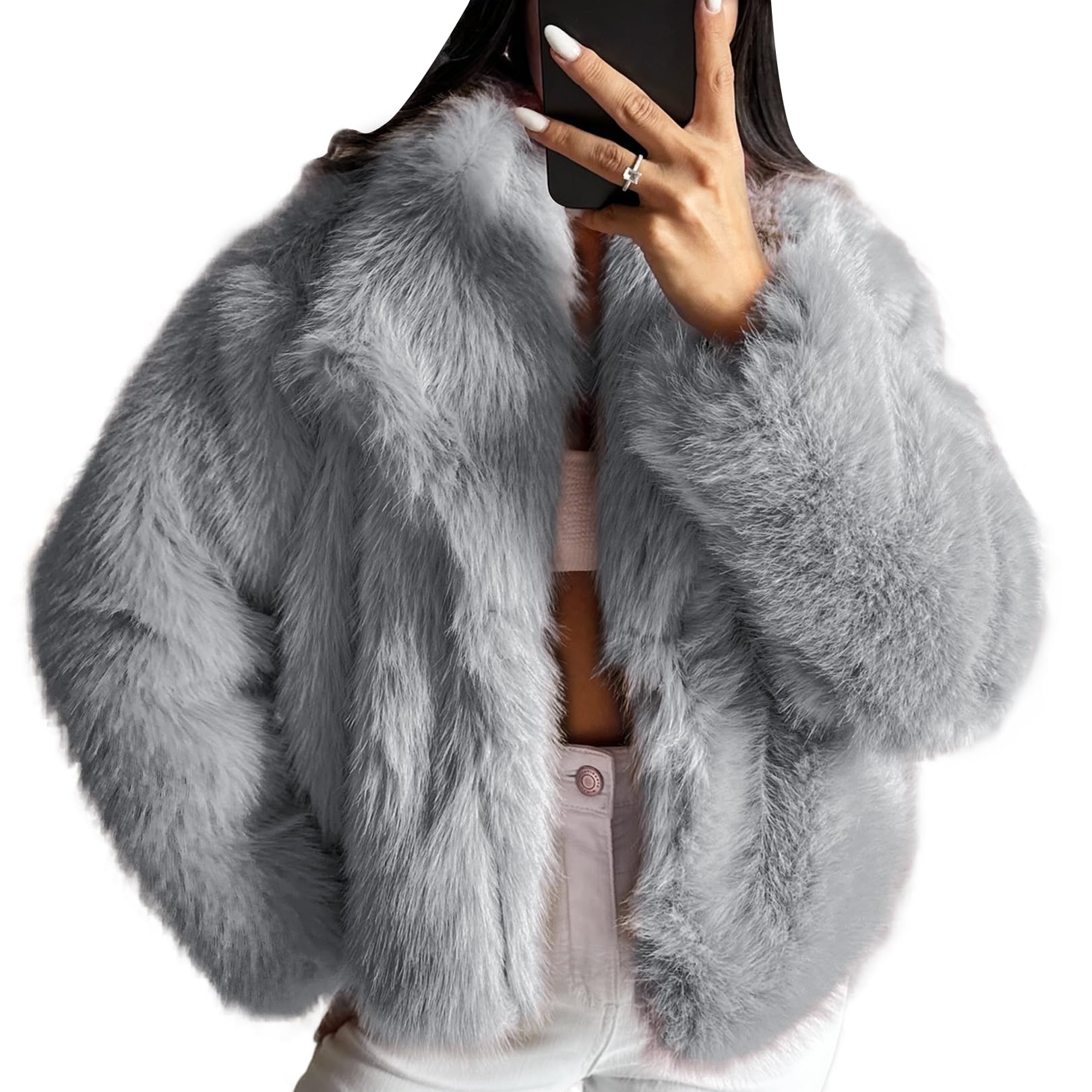 Photo 1 of COZYPOIN Womens Faux Fur Jacket Fluffy Fur Coat Cropped Long Sleeve Lapel Button Down Fuzzy Winter Outerwear