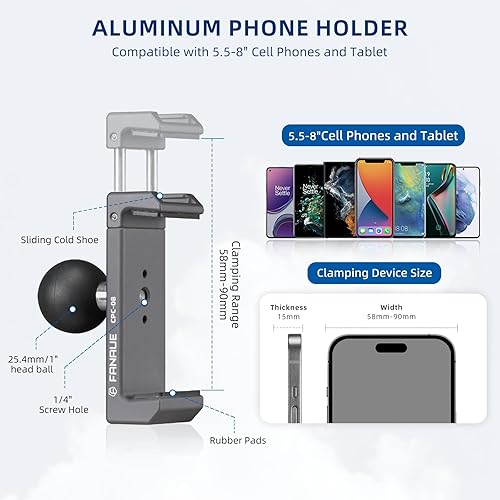 Miniatura 2 de FANAUE CPC-08 Soporte para teléfono inteligente con cabeza de bola desmontable de 1 pulgada compatible con teléfonos inteligentes con un ancho de 23