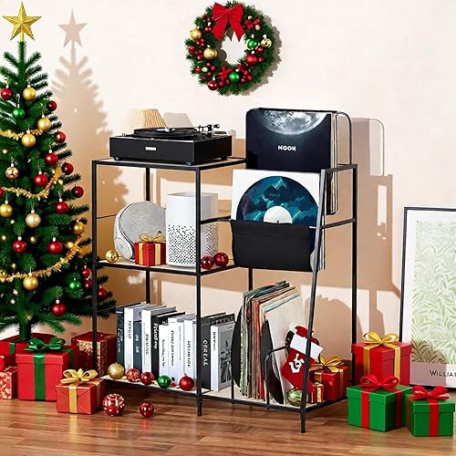 Miniatura 2 de Soporte para tocadiscos, soporte para tocadiscos con capacidad para hasta 200 álbumes con 3 estantes de almacenamiento, estante de exhibición de