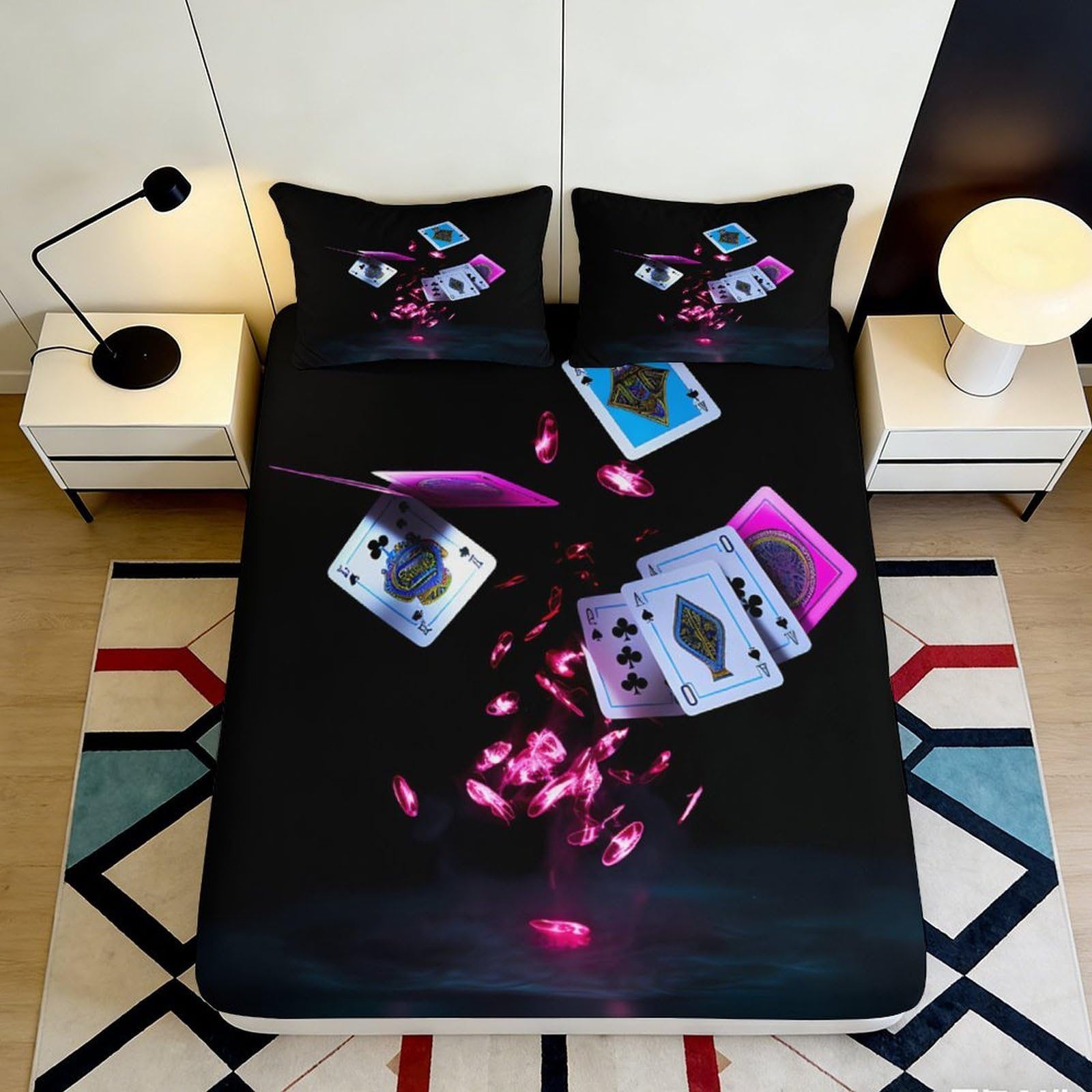 3D Printed Playing Cards Fitted Sheet Microfiber Soft Decorative Poker Bed Cover for Bedroom Dorm Guest Room 90x200x25cm