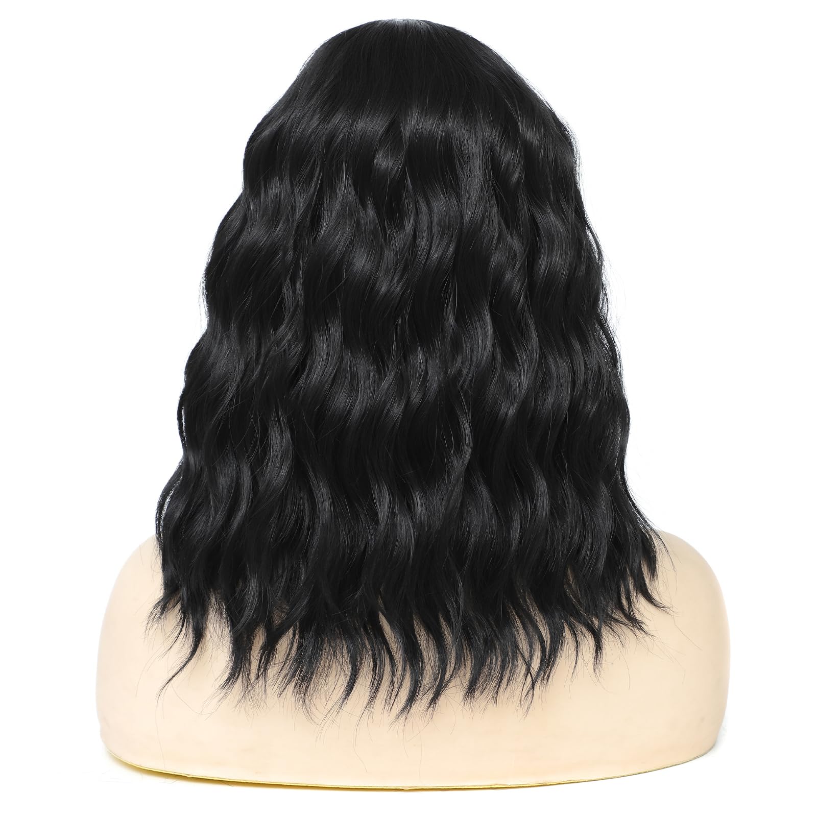 Yamel Wavy Bob Wig Natural Black Synthetic Hair Shoulder Length 14 Inch Short Curly Middle Part Lace Front Wigs for Women - Image 4