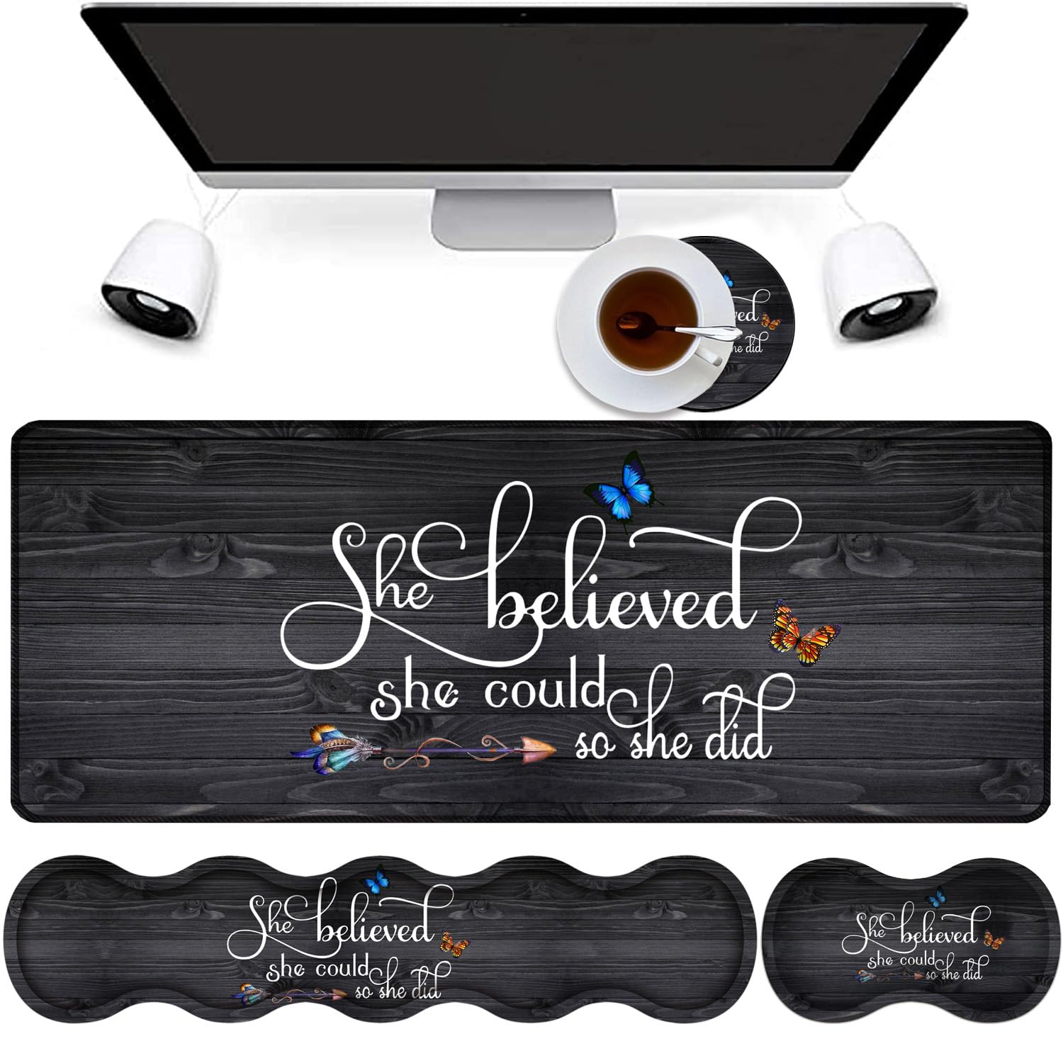 Large Gaming Mouse Pad + Keyboard Wrist Support + Mouse Wrist Rest + Coaster, Table Pad with Stitched Edge Memory Foam Ergonomic Wrist Pad Set, She