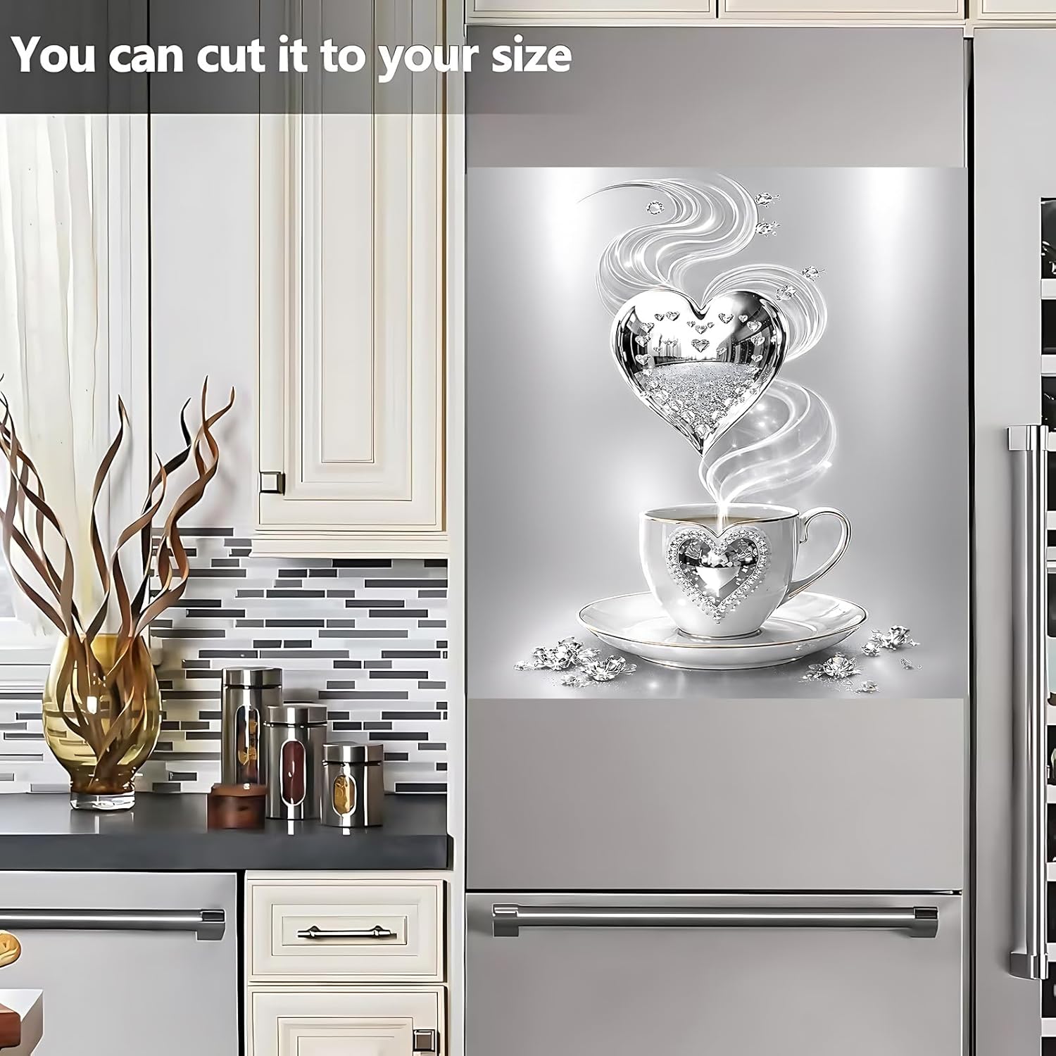 Dishwasher Magnet Cover Coffee Cup Embossed-Themed Magnetic Sticker, Refrigerator Protection Magnetic Kitchen Art Decoration 23x25.5 inches (Silver Embossed Cup)