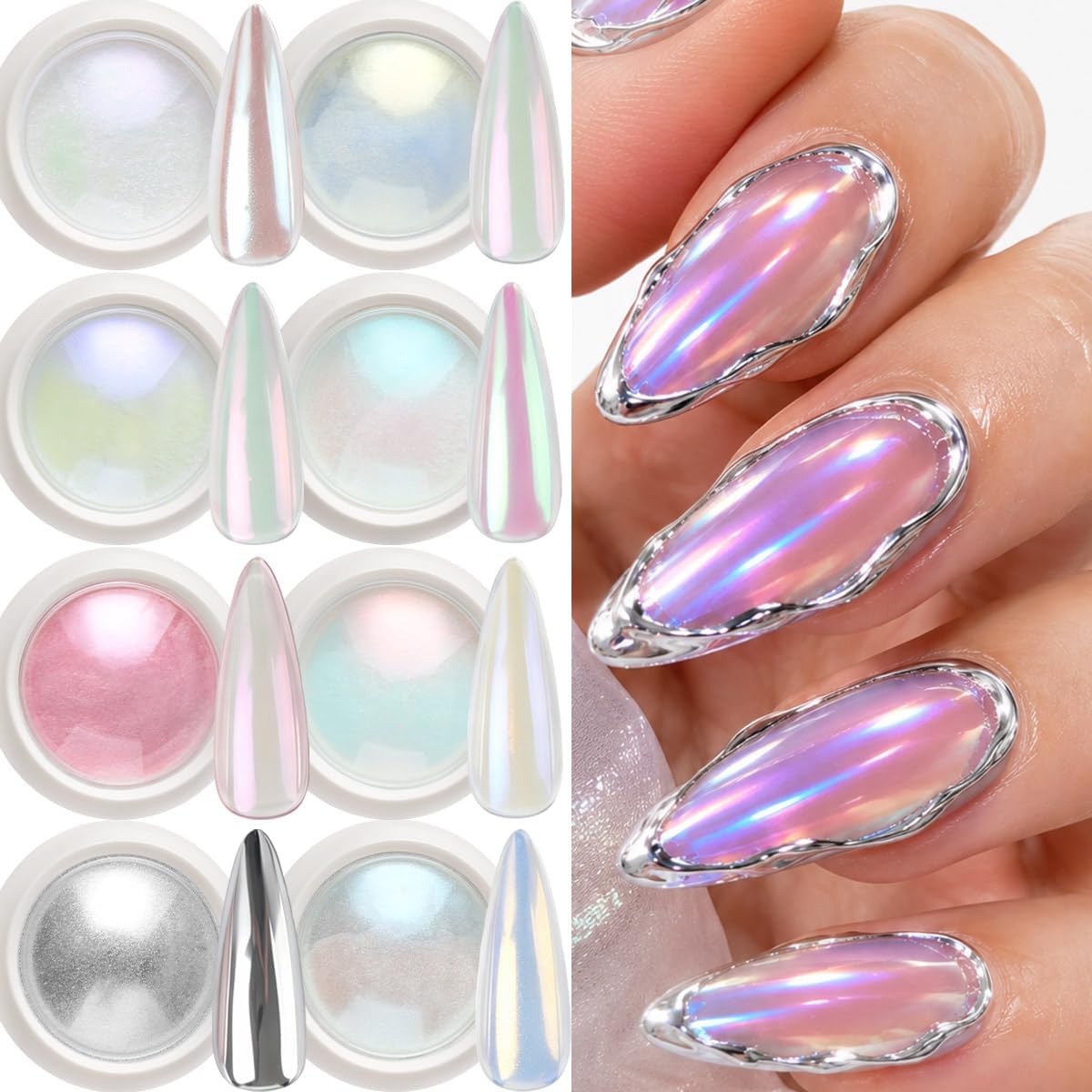 Aurora Chrome Nail Powder, 8pcs Iridescent Mirror Effect with Sponge Sticks