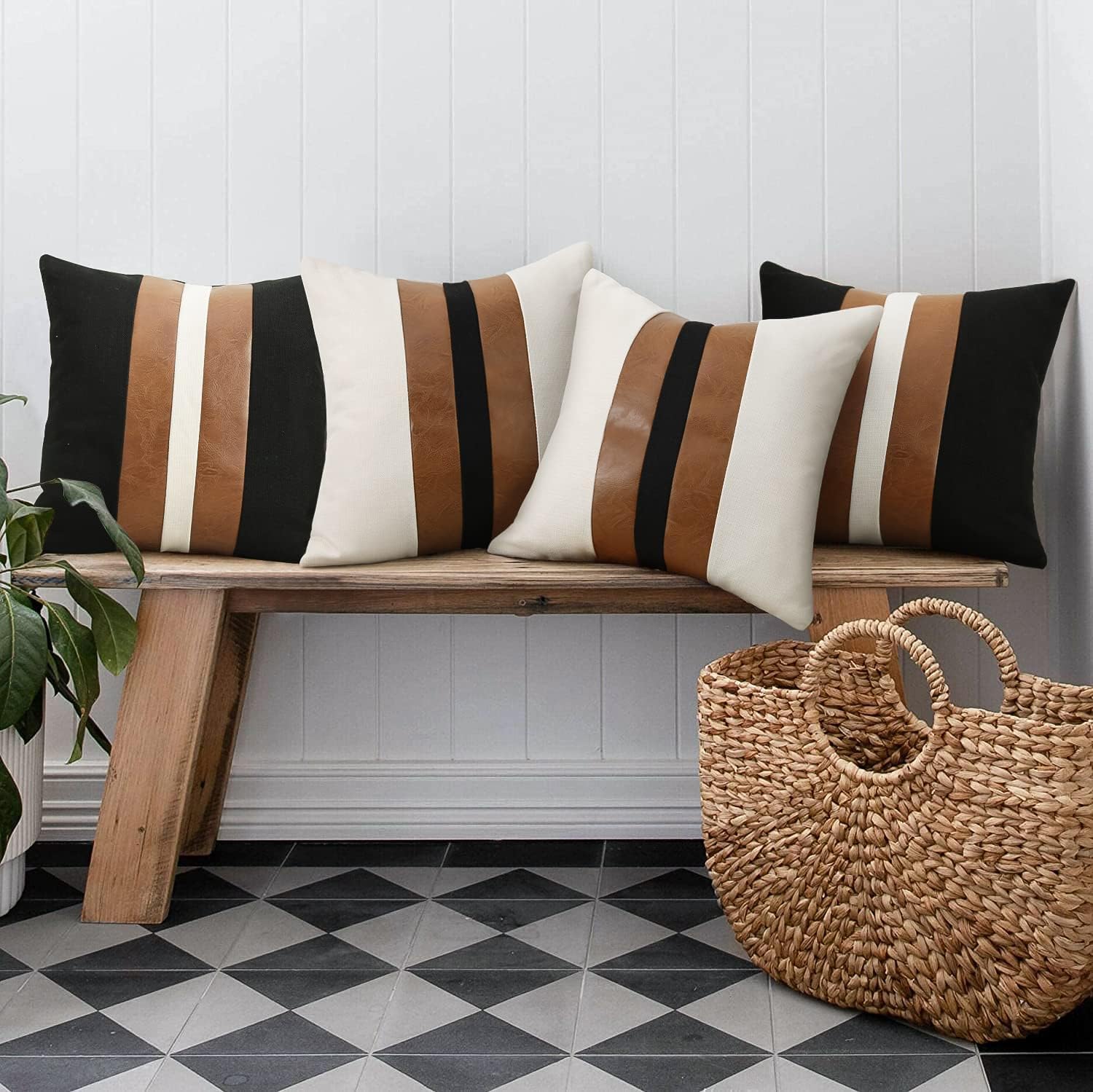 JASEN Set of 2 Faux Leather Pillow Cover 20x20, Black and White Decorative Throw Pillow Covers Brown Modern Stripe Accent Cushion Cover Couch Bed Sofa