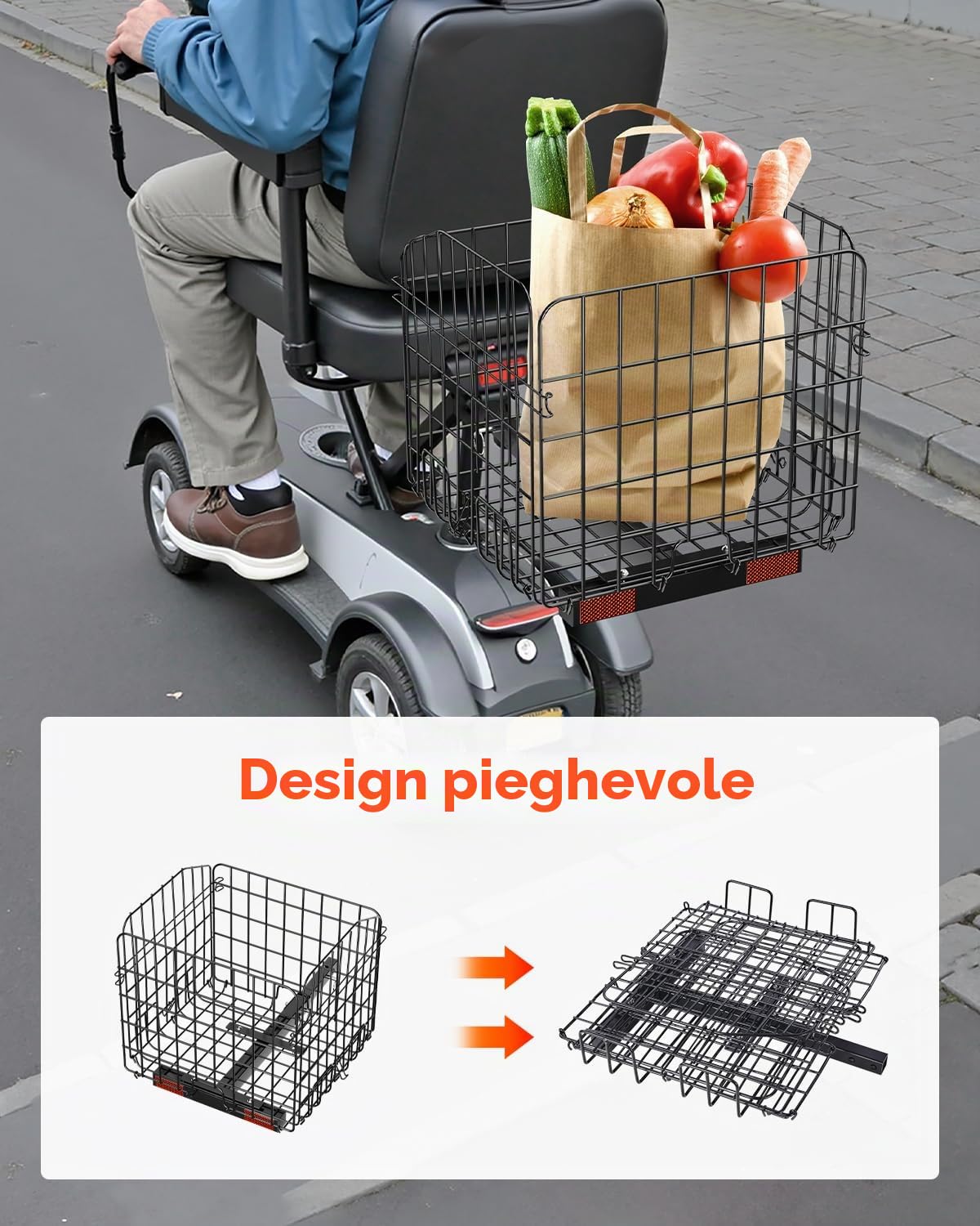VEVOR Cestino Posteriore per Scooter, Pieghevole in Filo Metallico, Cestino per Carichi Pesanti Spazioso, Funziona con Ricevitore, Compatibile con Maggior Parte Scooter per Disabili Golden