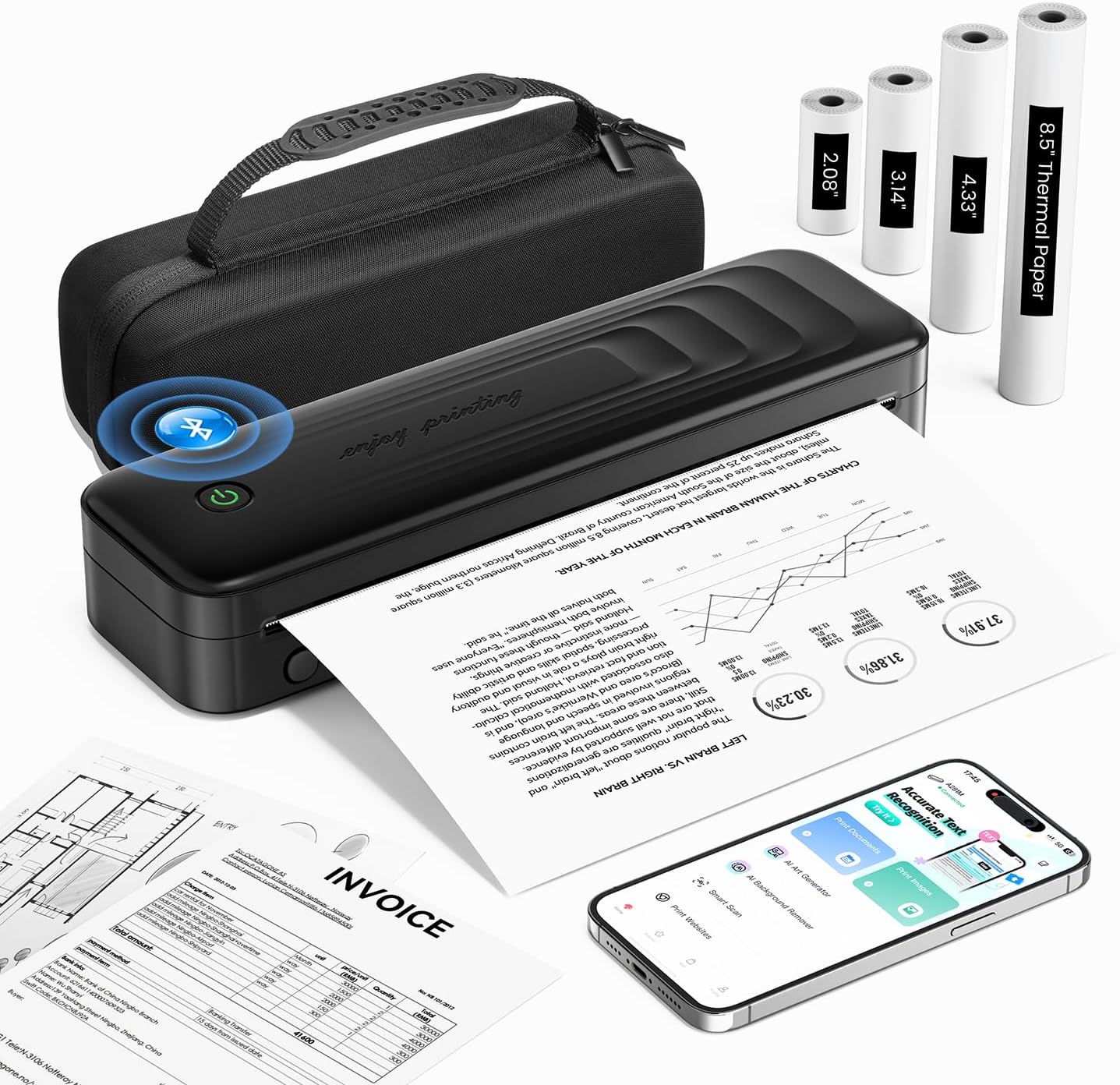 TATTMUSE Portable Printers Wireless for Travel, Bluetooth Inkless Thermal Printer Support 8.5" X 11" US Letter, Small Mobile Printer for Phone Laptop, with Carry Case & 4 Rolls Thermal Paper