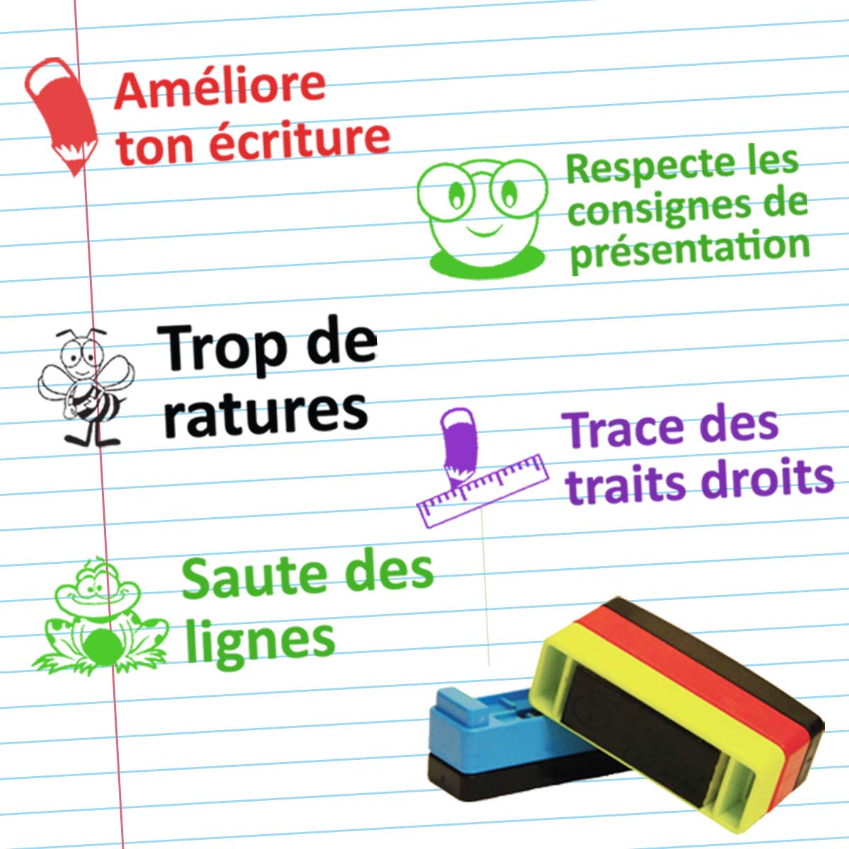 Saute des lignes, Trace des traits droits, Améliore ton écriture, Respecte les consignes de présentation, Trop de ratures Tampons Encreurs Enseignants 5 Étages Re-éncrable *