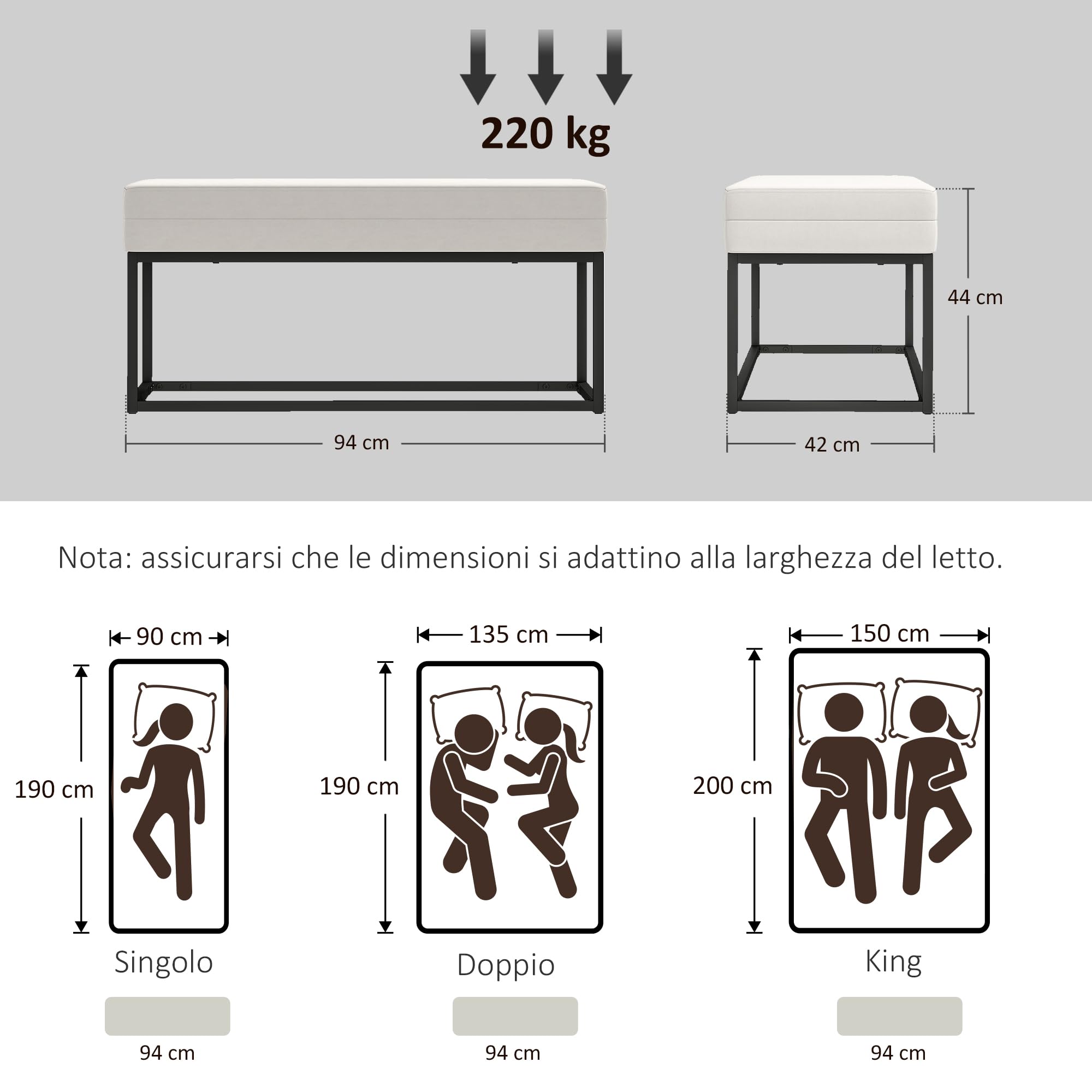 HOMCOM Panca da Ingresso Moderna e Minimal Imbottita 94x42x44 cm Crema | Piedini Regolabili, Panca Camera da Letto, Tessuto Effetto Velluto e Acciaio