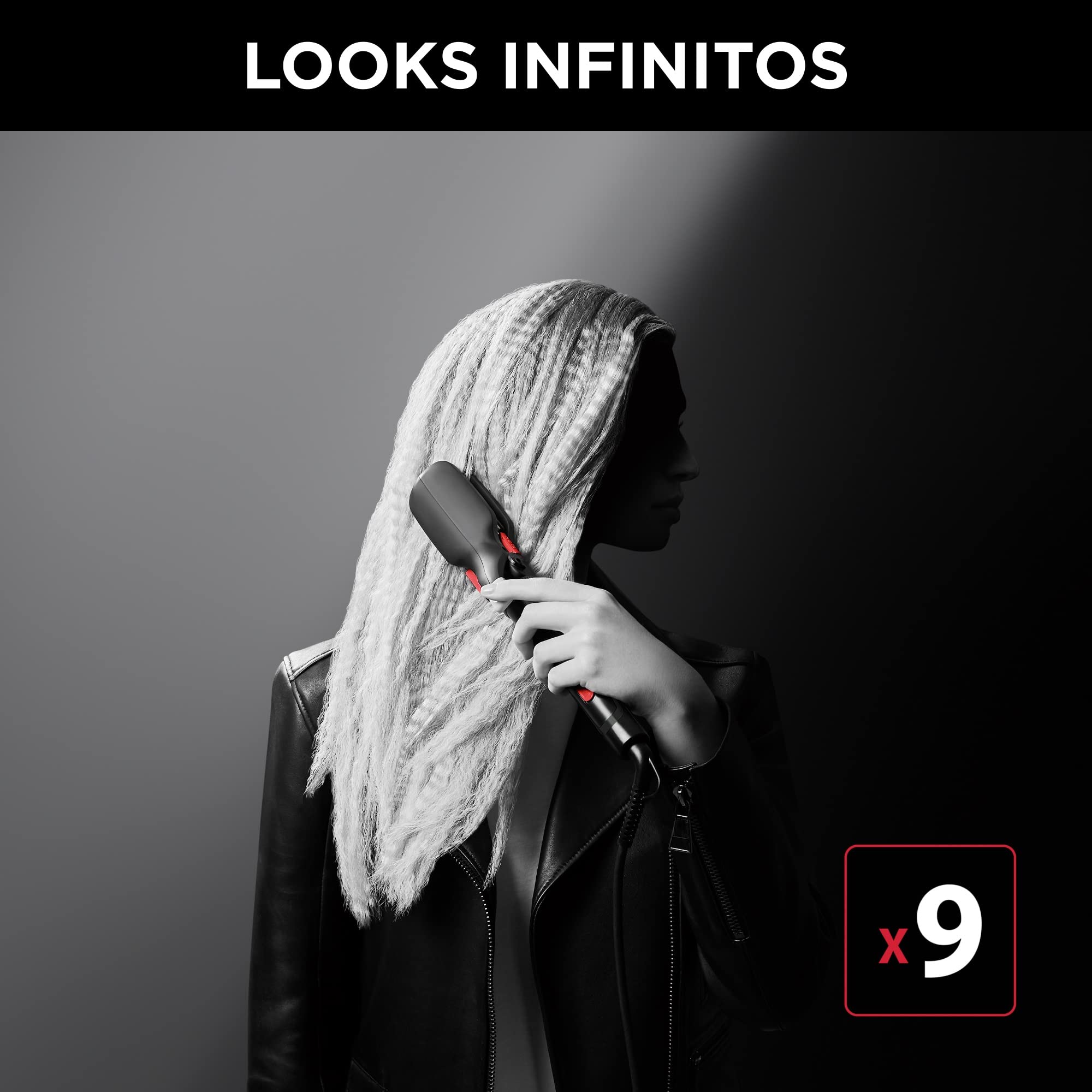 Rowenta x Karl Lagerfeld Looks Infinitos 9 en 1 CF422L- plancha pelo y rizador pelo, tenacillas, rizador de pelo, ondulador, cepillo pelo caliente, revestimiento cerámico, 190 °C, punta fría