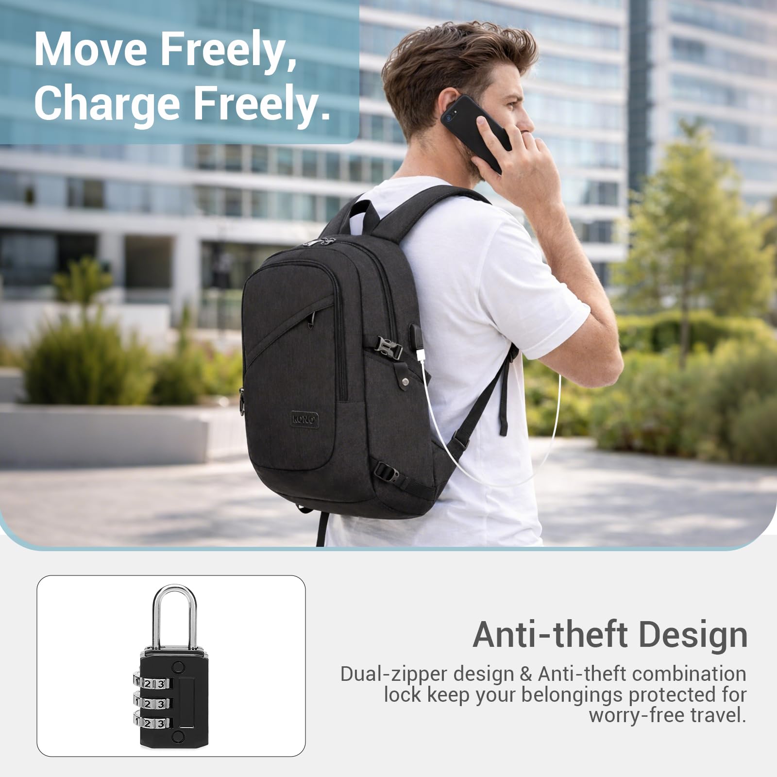 Sac à Dos Ordinateur Portable 15.6 Pouces Antivol avec Cadenas et Port USB, Imperméable Voyage Travail Vélotaf Scolaire Homme Femme Noir