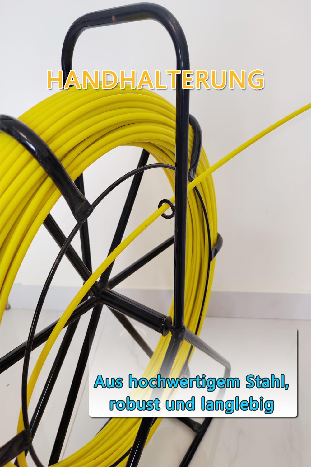 Glasfaser Einziehband 100m, Gelbes Fiberglas-Zugband 6mm mit Stahlgestell, Rodagezügel für Kabelverlegung ohne Bremse (6mm x 100m)
