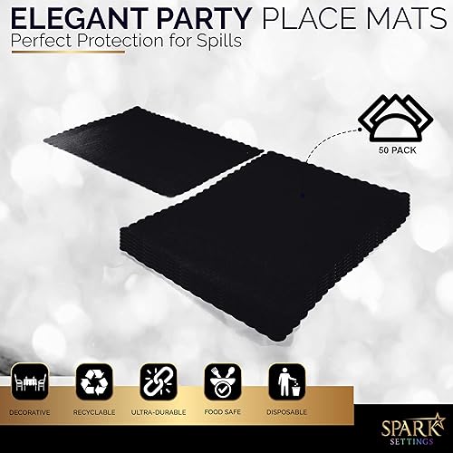 Miniatura 4 de Mantel individual de papel desechable, manteles individuales negros con bordes festoneados, mantel individual de papel duradero para decoración de